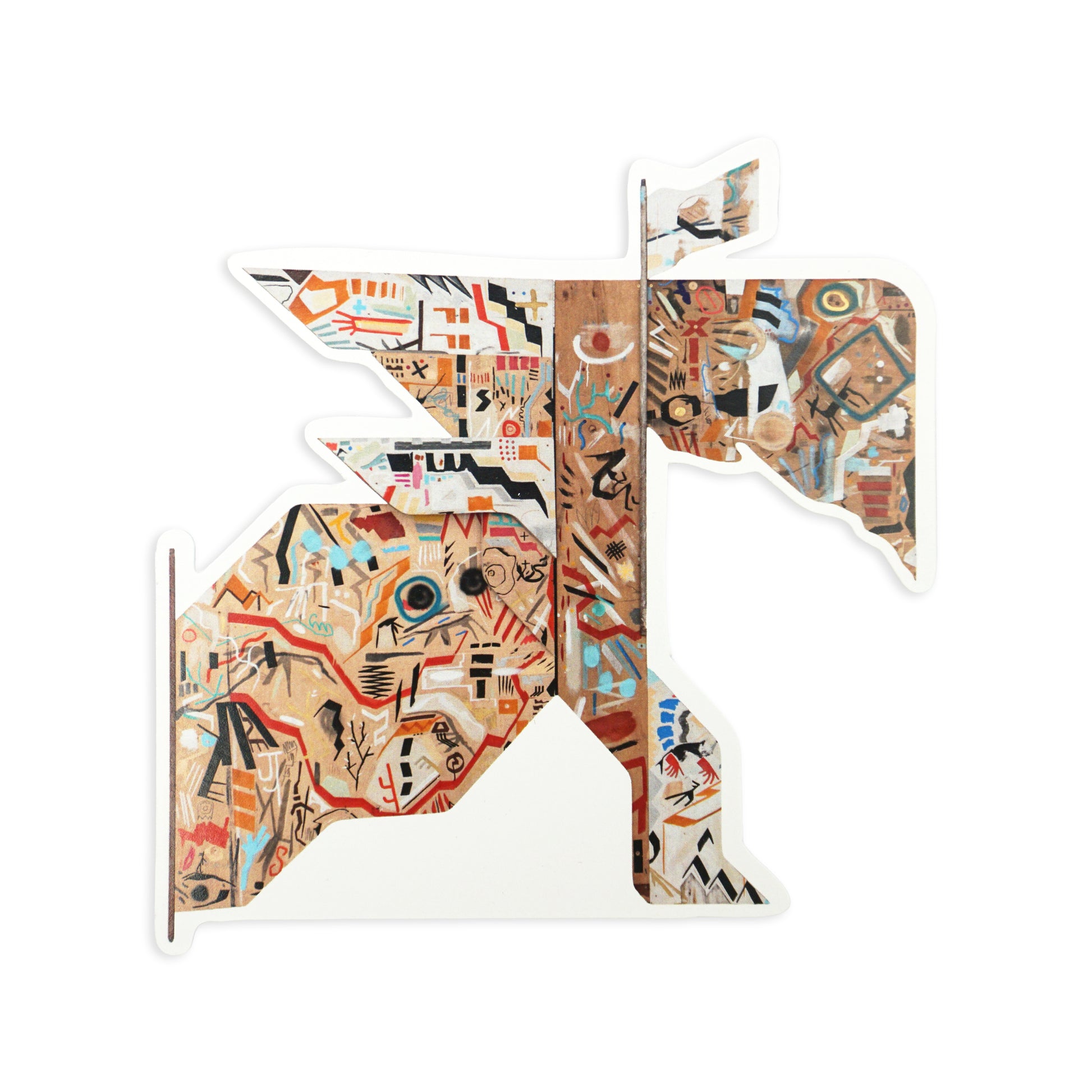 Abstract artwork shaped like a stylised flag, featuring a collage of geometric patterns, symbols, and earthy tones. The design includes various shapes and lines, creating a dynamic and textured appearance.