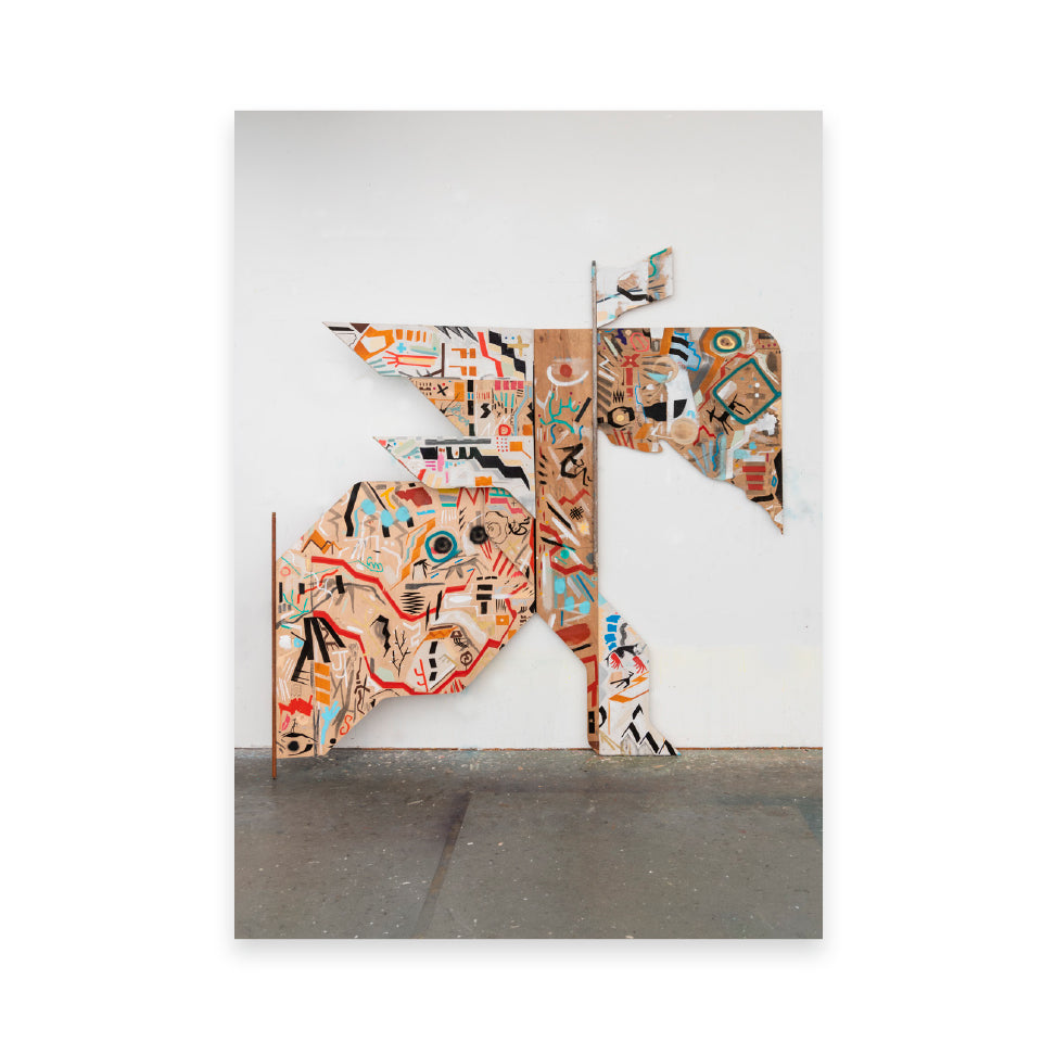 An abstract mural featuring bold shapes and vibrant colours, including a large flag-like element. The artwork combines geometric patterns and organic forms, creating a dynamic visual composition against a plain wall.
