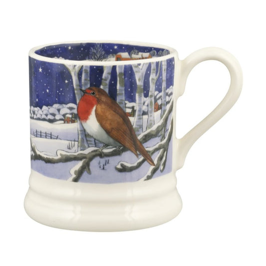 Mug with a winter scene featuring a robin on a branch