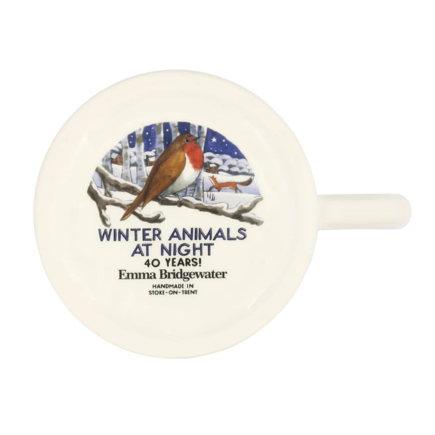 White mug with a design of a robin and text 'Winter Animals at Night 40 Years! Emma Bridgewater' on a white background