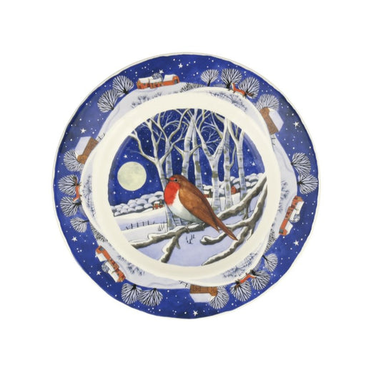 Decorative plate with a winter scene featuring a robin and snowy landscape.
