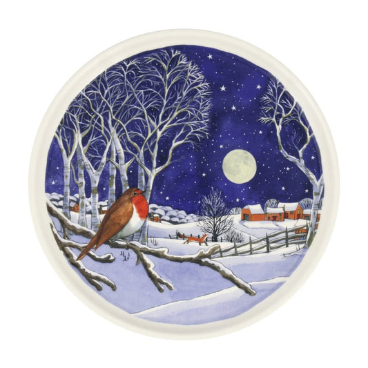 Round ceramic platter with a winter scene featuring a robin, trees, and a moonlit sky.