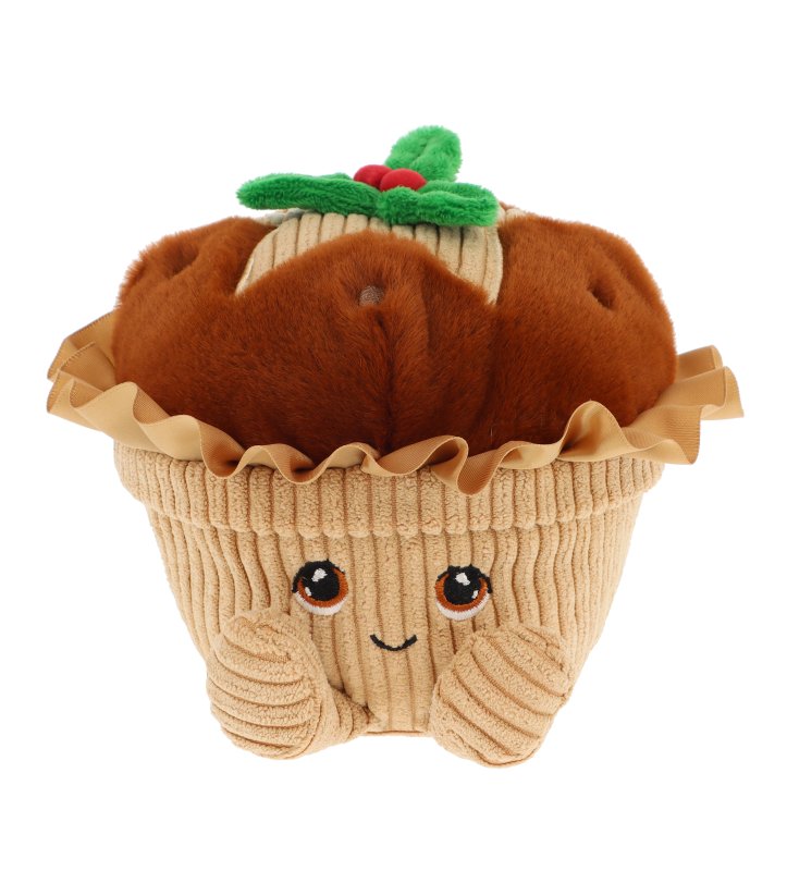 A plush toy shaped like a Mince Pie, with a brown fuzzy top, beige ribbed wrapper, and a small green holly accent on top. The face is embroidered with brown eyes and a small smile, set against a plain white background.