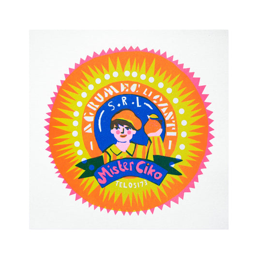 A vibrant logo featuring a cheerful character holding an ice cream cone. The design includes bold colours, with a sunburst pattern surrounding the text "Mister Ciro" and "S.R.L." at the top, along with a telephone number at the bottom.