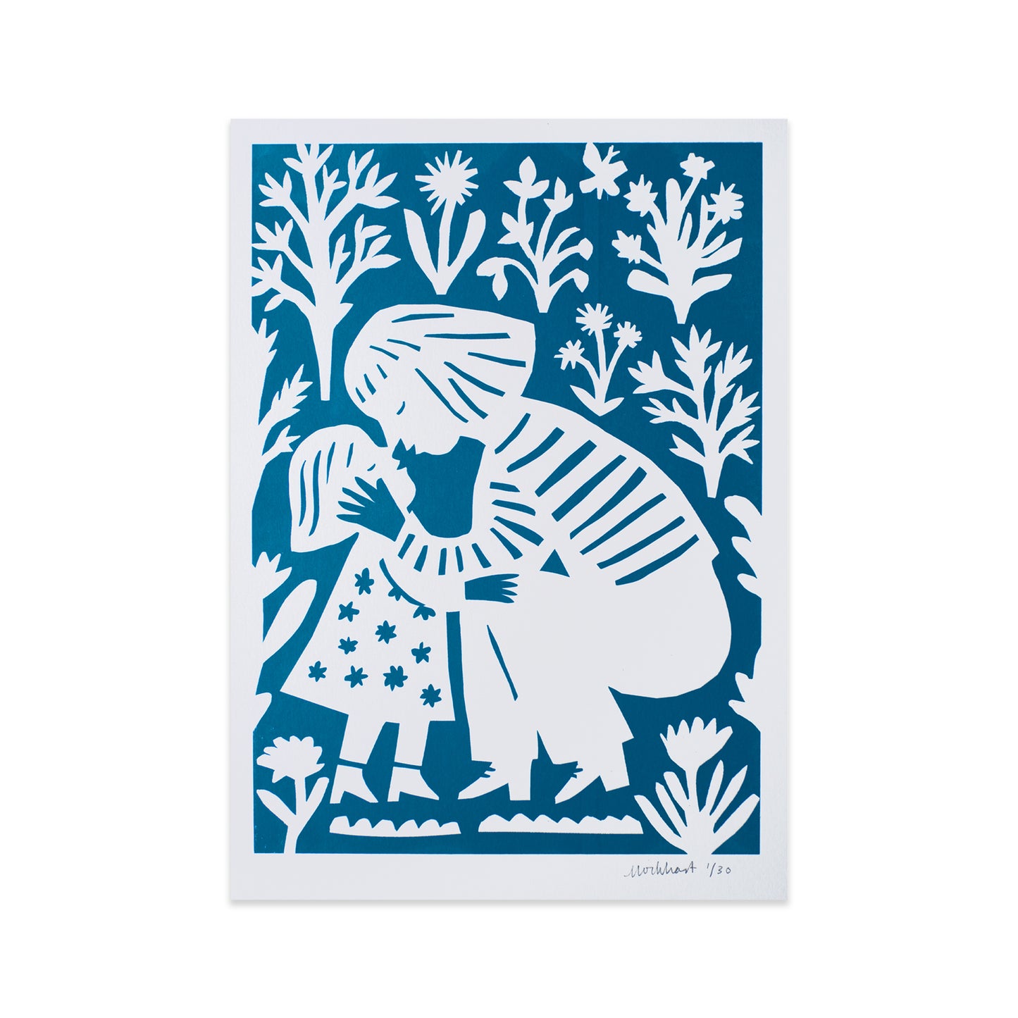 An  artwork featuring a woman embracing a young girl amidst a backdrop of stylised flowers and plants. The design is predominantly blue with white figures, conveying a sense of warmth and affection.