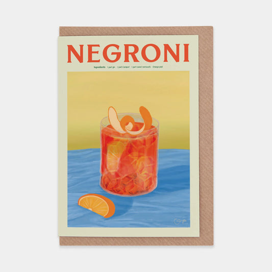 A vibrant illustration of a Negroni cocktail in a glass, featuring orange slices and a bright red drink. The background is a soft yellow and blue, with the word "NEGRONI" prominently displayed at the top. A slice of orange rests beside the glass.