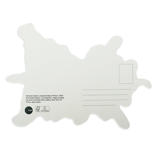 A postcard shaped like a cow hide, featuring lines for an address and a small rectangle for a stamp. The back includes text about an art piece titled "Ancestral Map of Return, 2023" by Nicholas Galanin, with gallery and copyright details.