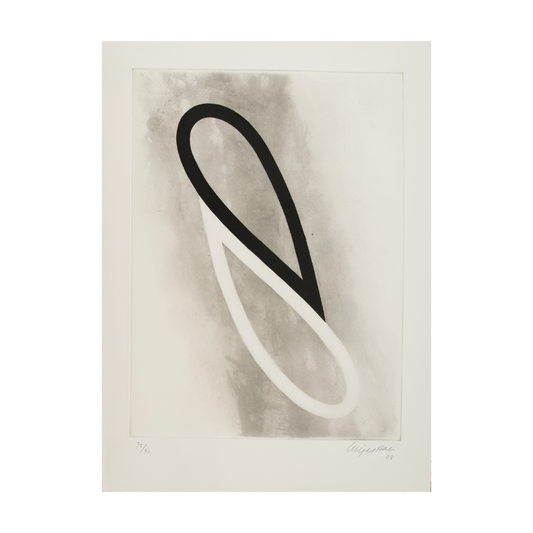 A minimalist artwork featuring a large, abstract shape that intertwines in black and white against a soft grey background. The piece is framed with a simple border, and the artist's signature and date are visible in the bottom corner.