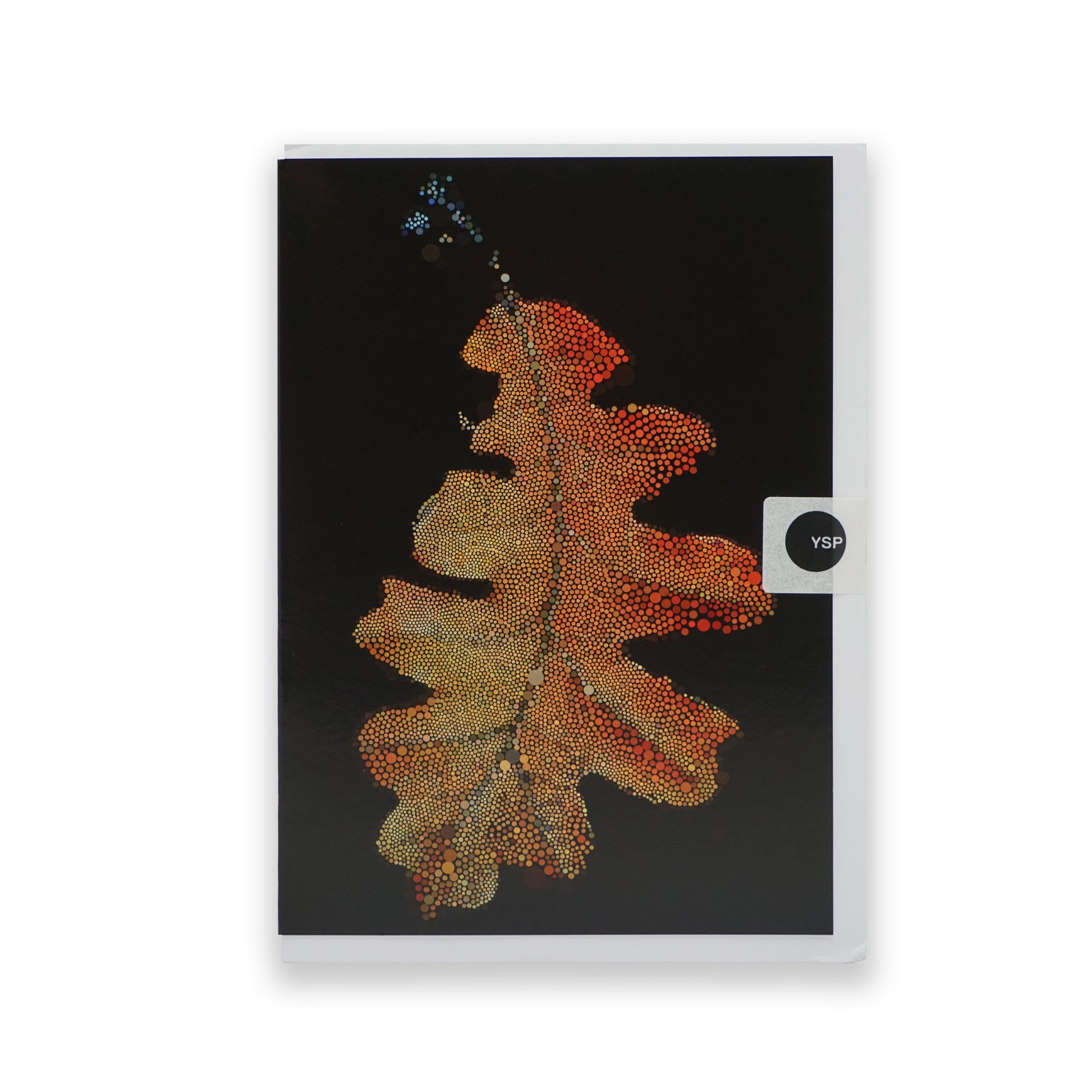 A rectangular greetings card with a plain white envelope showing a single oak leaf made up of small dots on the front.