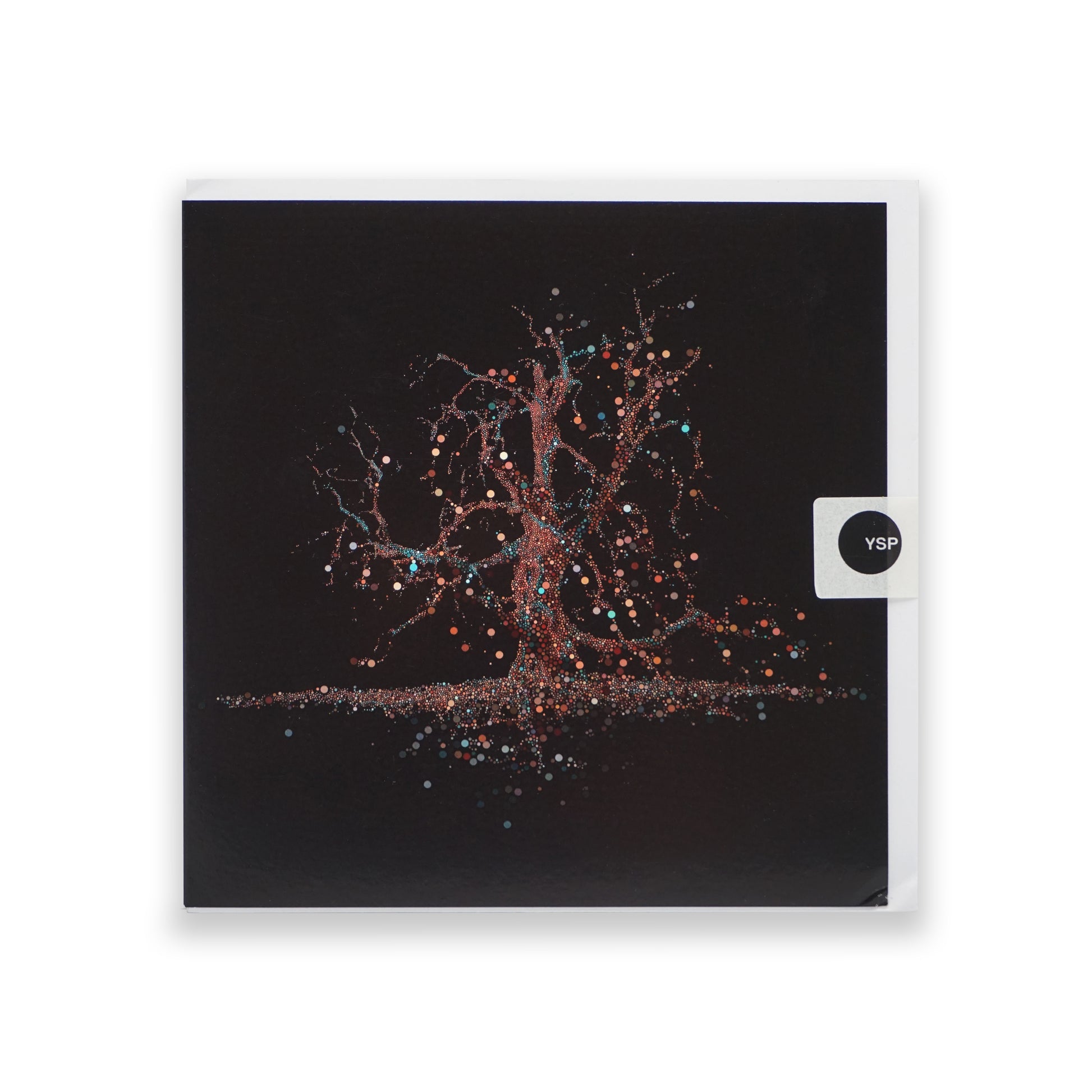 A square greetings card with a plain white envelope showing an oak tree made up of small dots on the front.
