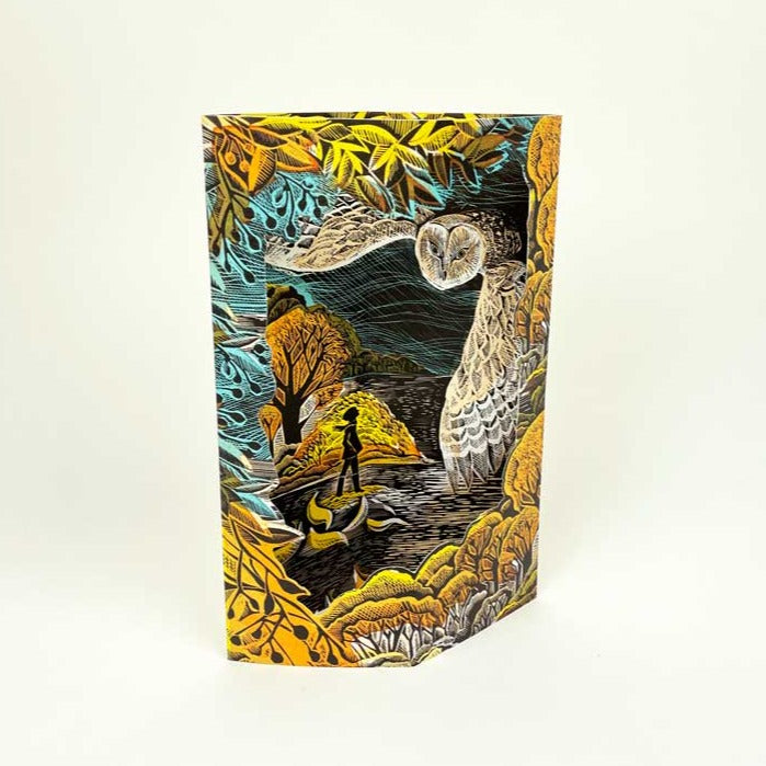 A vibrant, illustrated scene featuring a person walking by a river under a starry sky. Surrounding them are stylised trees and owls, with intricate patterns and bold colours creating a whimsical, enchanting atmosphere.