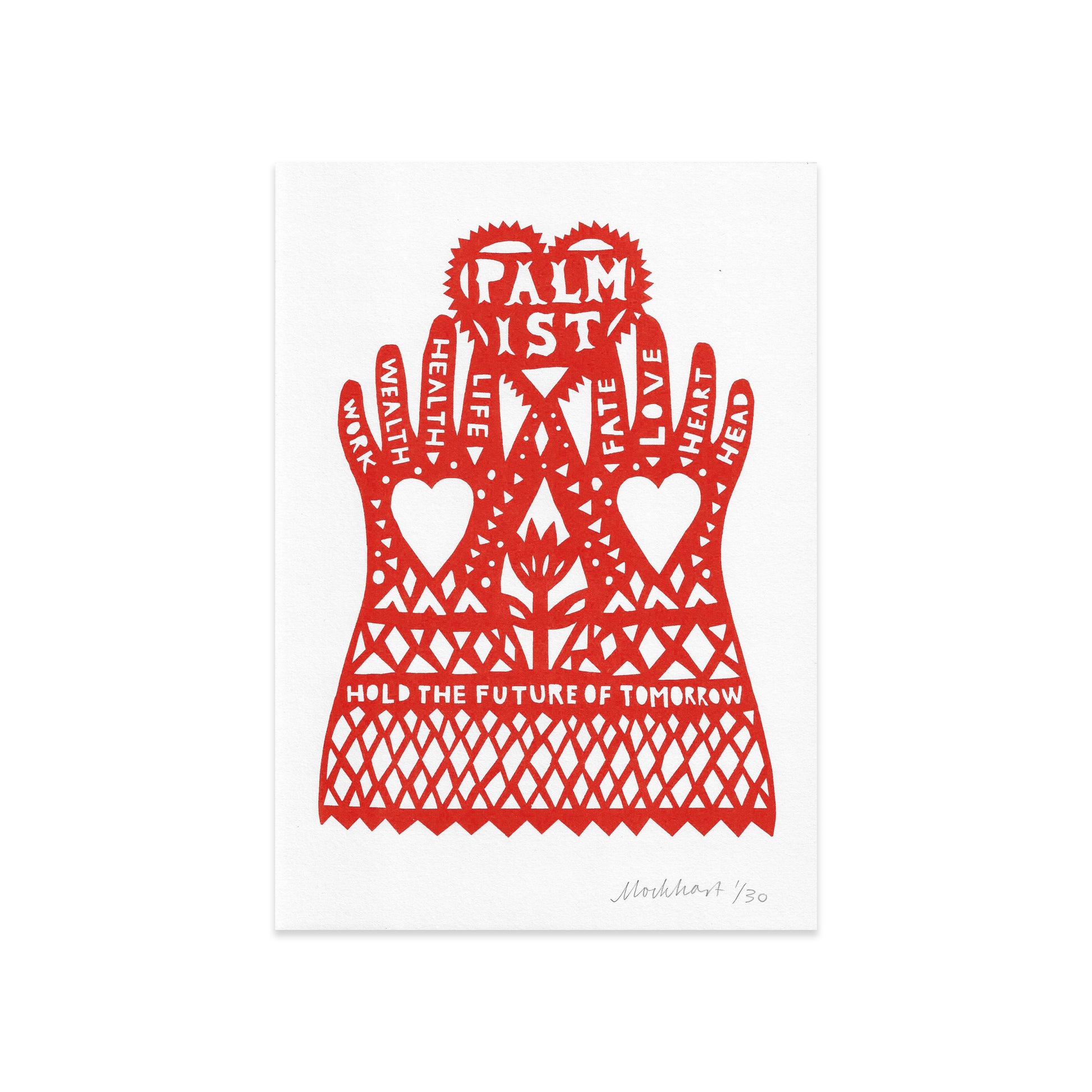 A vibrant red paper cut artwork featuring two hands with various words inscribed, such as "wealth," "health," and "life." The hands are adorned with hearts and a central motif, conveying a message about holding the future of tomorrow.