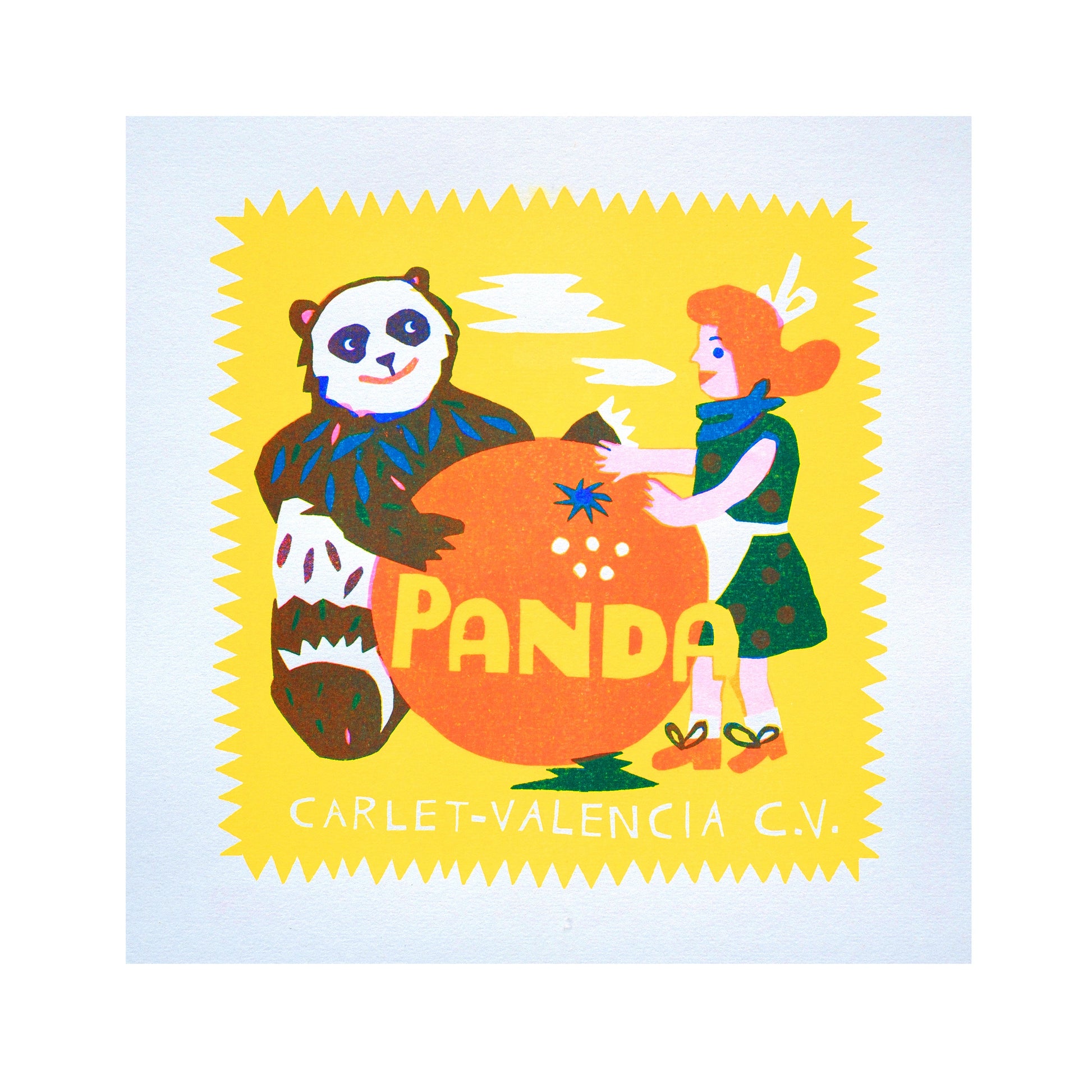 A vibrant illustration featuring a panda and a girl. The panda, with a friendly expression, sits beside the girl, who is wearing a green dress and holding an orange object. The background is bright yellow with the word "PANDA" prominently displayed.