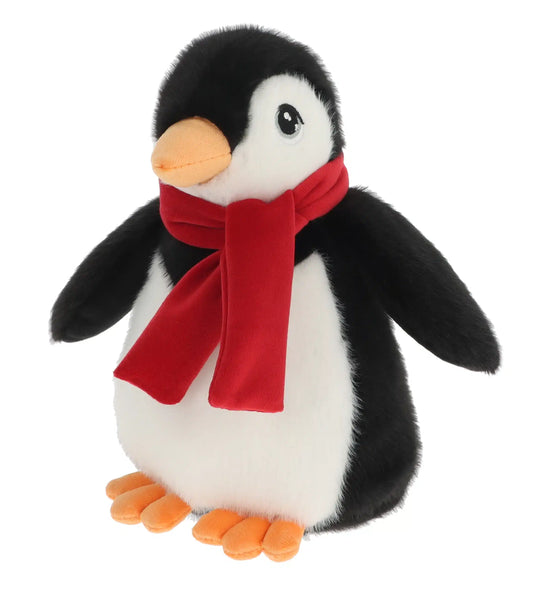 Plush penguin toy with a red scarf on a white background