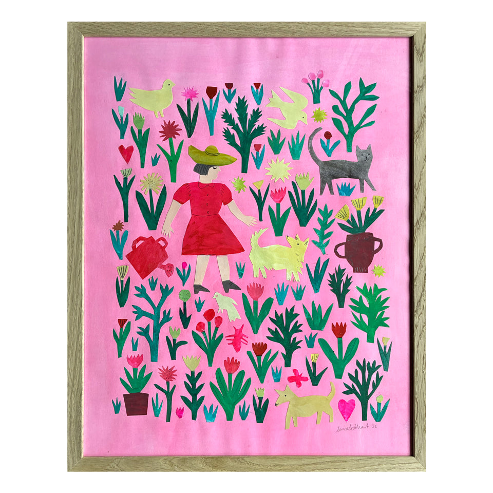 A vibrant illustration featuring a woman in a red dress watering plants amidst a lush garden. The scene includes various flowers, birds, a cat, a dog, and a watering can, all set against a bright pink background, framed in wood.