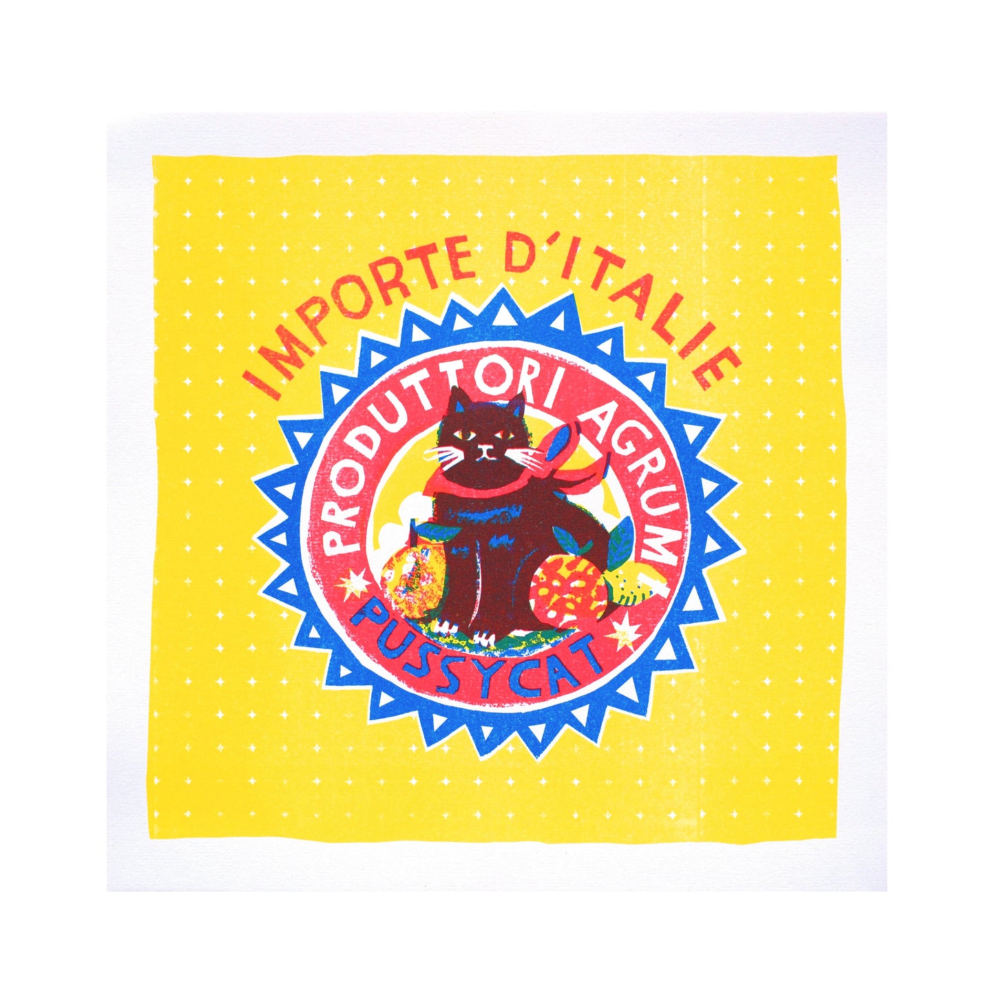 A vibrant yellow square featuring a circular logo. The logo displays a black cat surrounded by fruit, with the text "Importe d'Italie" and "Produttori Agrum" in bold, colourful letters. The design has a playful, retro aesthetic.