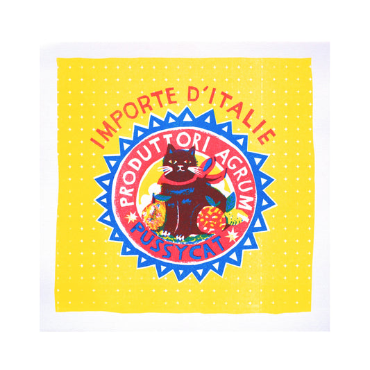 A vibrant yellow square featuring a circular logo. The logo displays a black cat surrounded by fruit, with the text "Importe d'Italie" and "Produttori Agrum" in bold, colourful letters. The design has a playful, retro aesthetic.