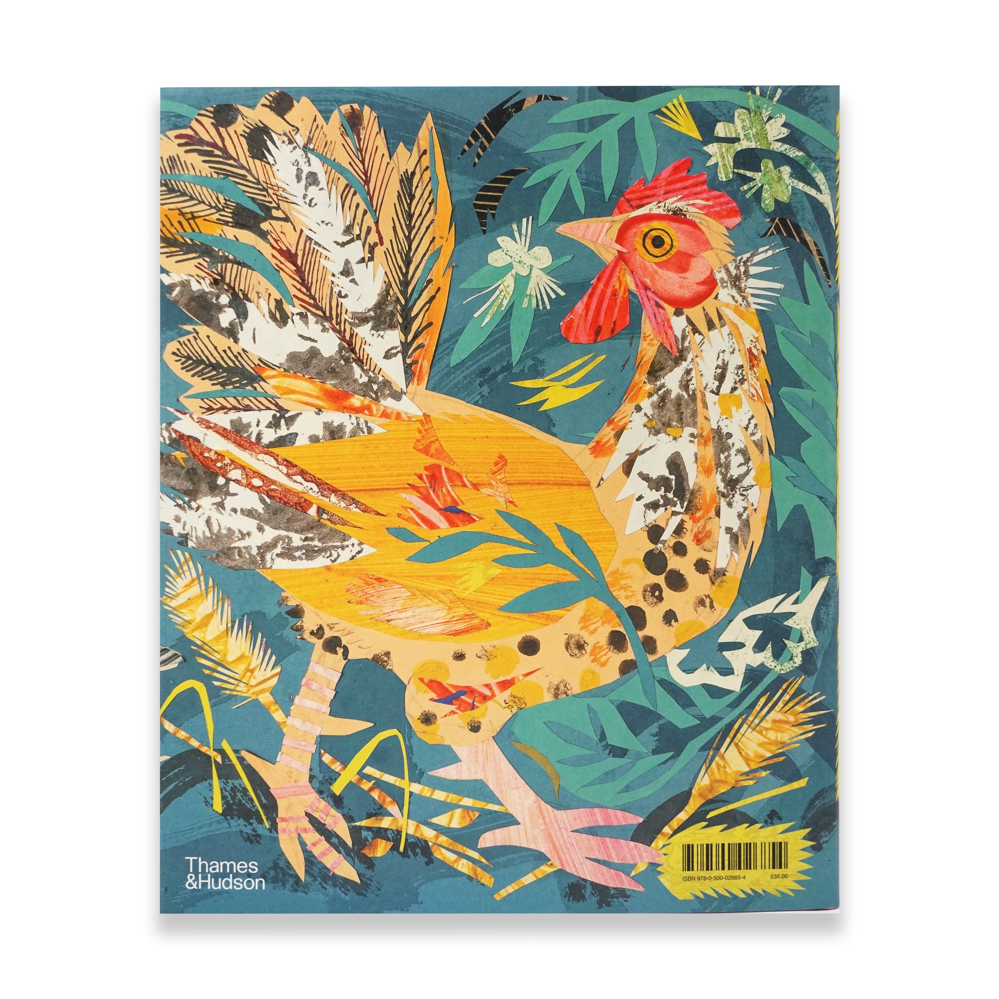 The reverse of a book featuring a collage of a Cockrell on a blue background.