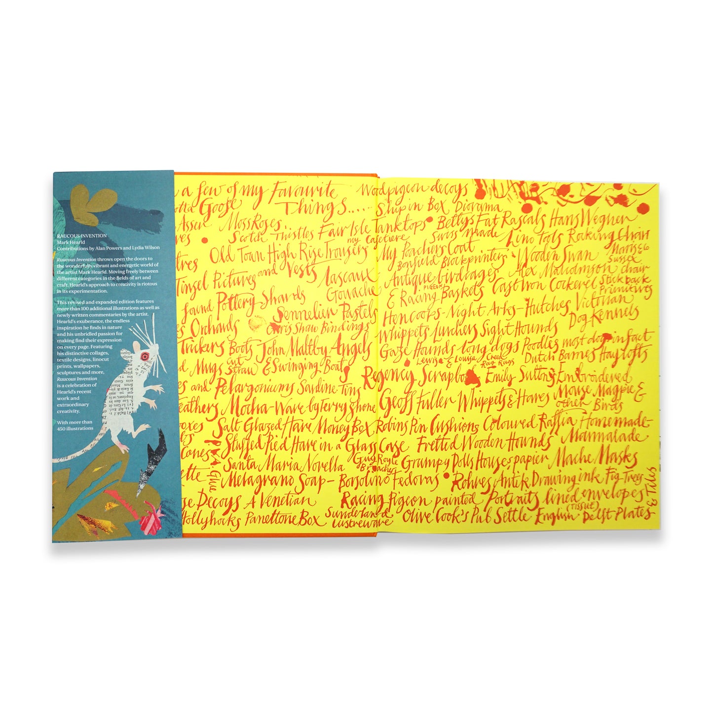 An open book showing bright yellow pages covered in hand scripted red text.