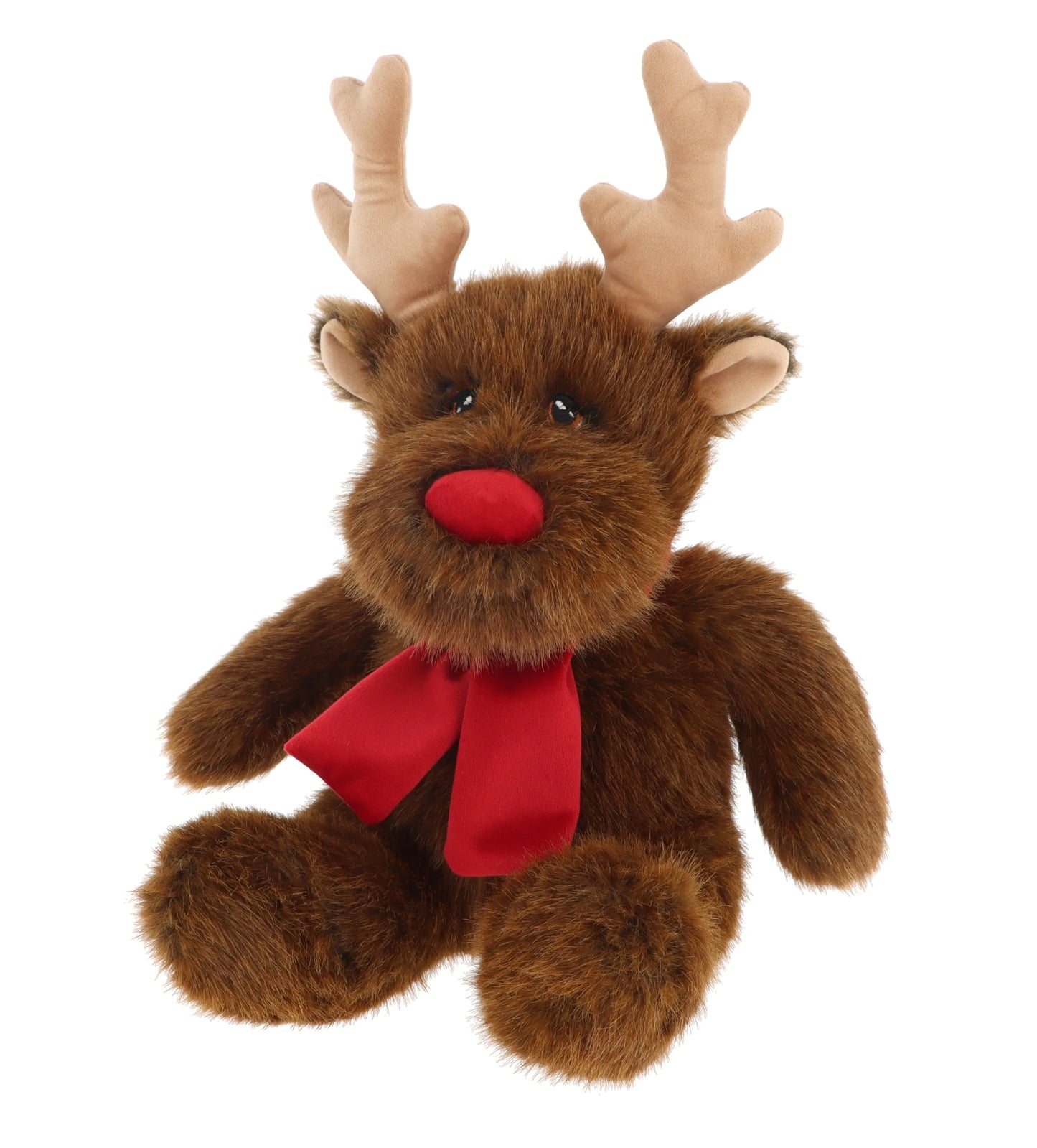 Plush reindeer toy with a red scarf on a white background