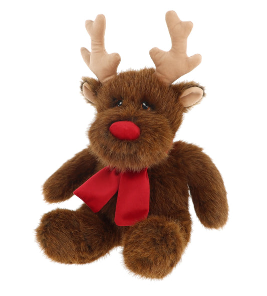 Plush reindeer toy with a red scarf on a white background