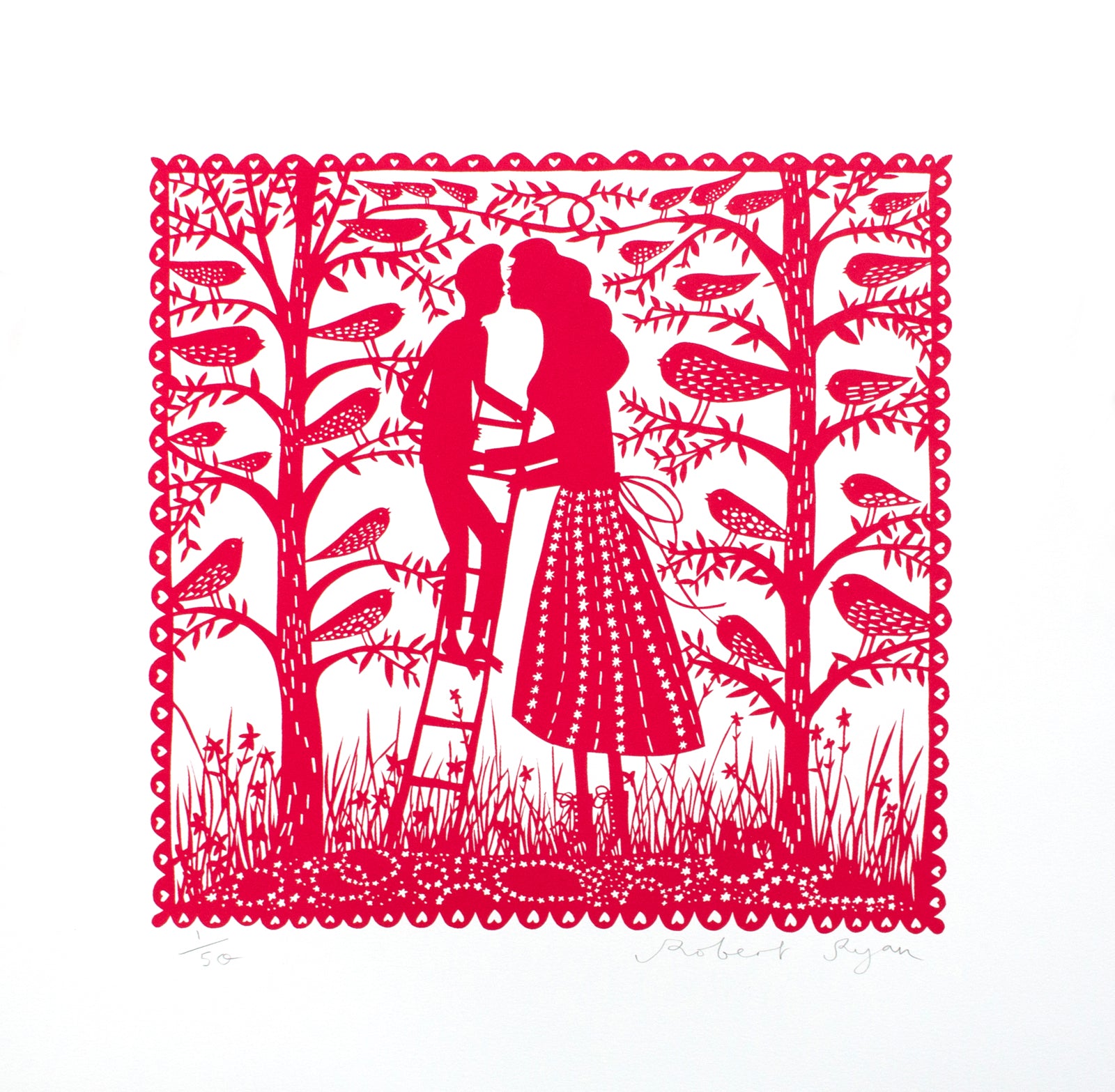 A red screen print featuring birds, trees and a couple kissing on a ladder.