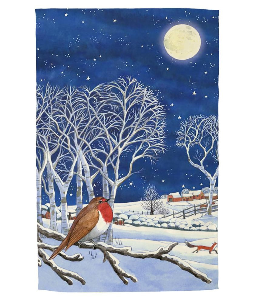 Cotton tea towel featuring a winter scene with a robin on a branch, moonlit sky, and snow-covered landscape.