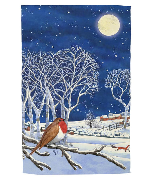 Cotton tea towel featuring a winter scene with a robin on a branch, moonlit sky, and snow-covered landscape.