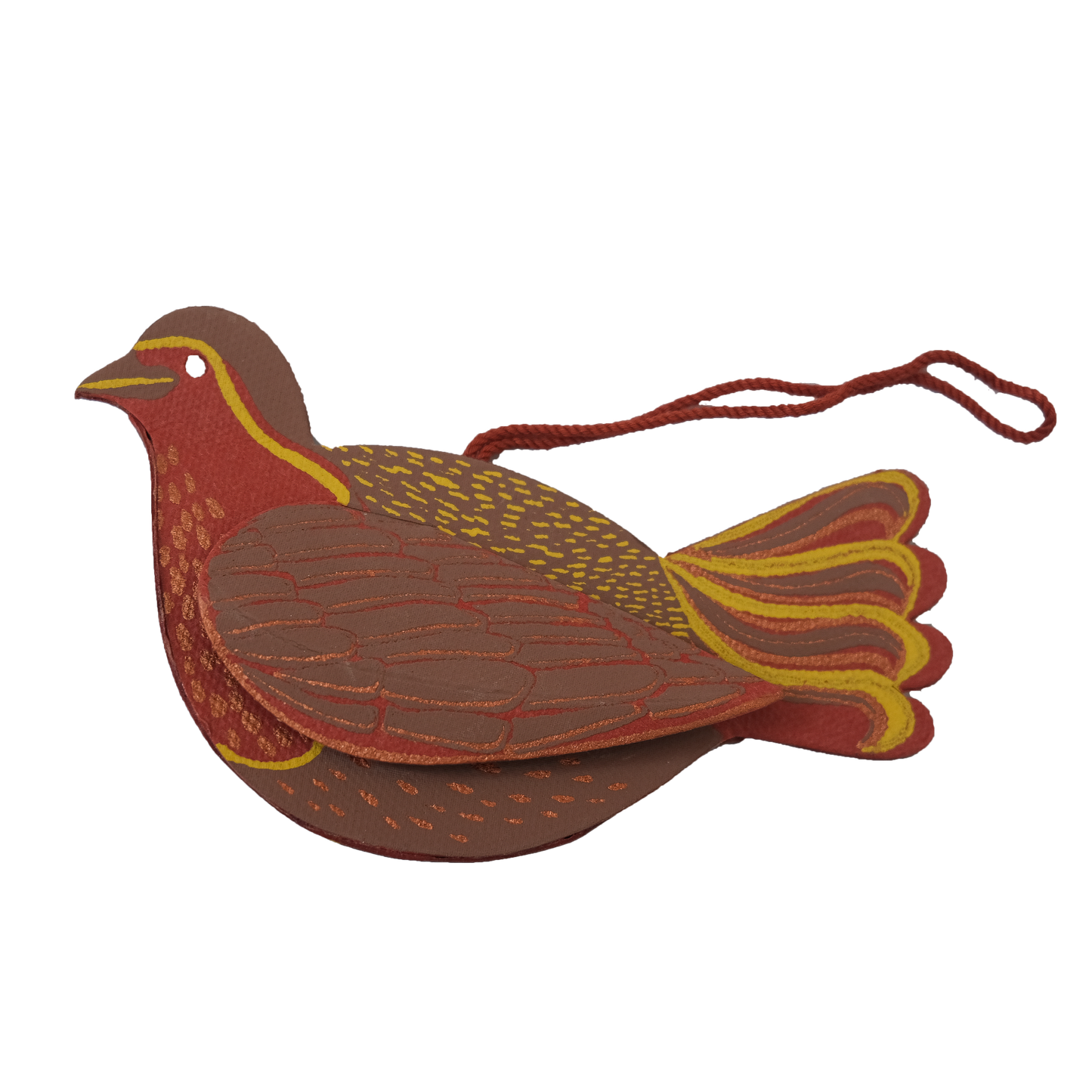 Decorative bird-shaped ornament with a string on a white background