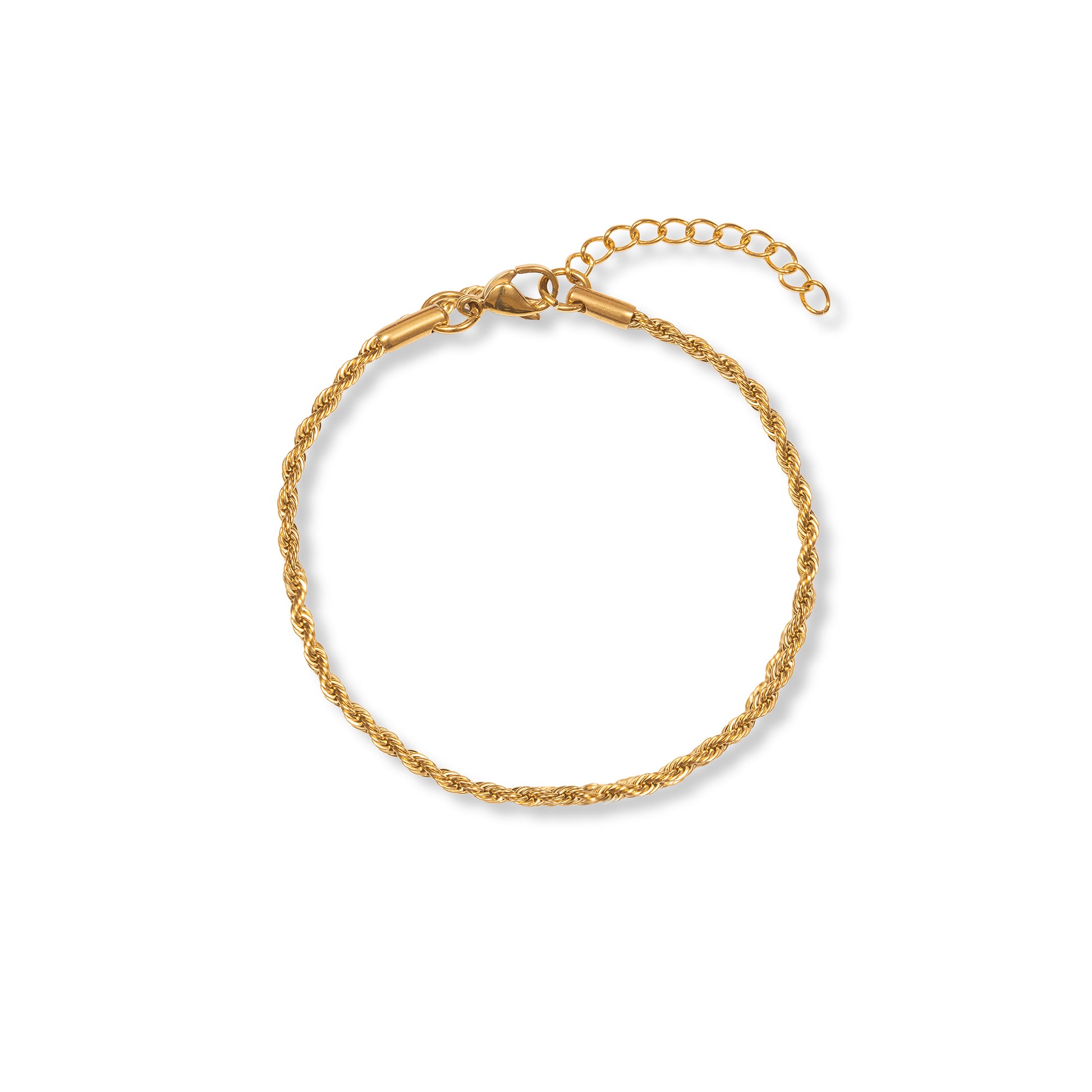 A round rope chain gold bracelet featuring a clasp at the top.