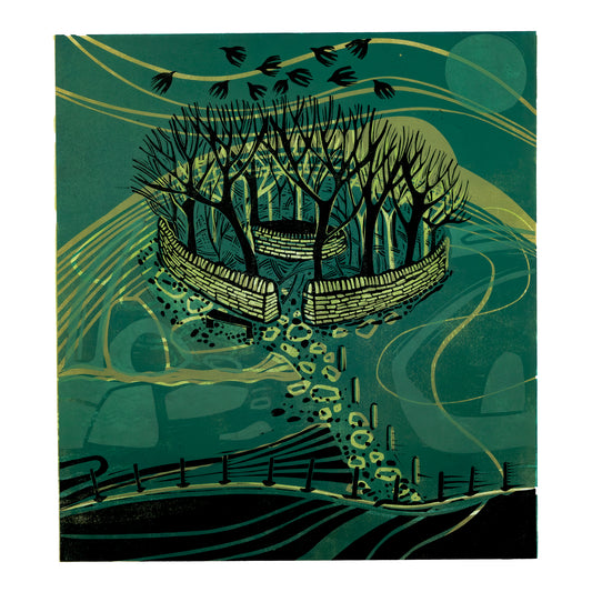 Sarah Kirby: Little Round Wood on a Hill Linocut Print