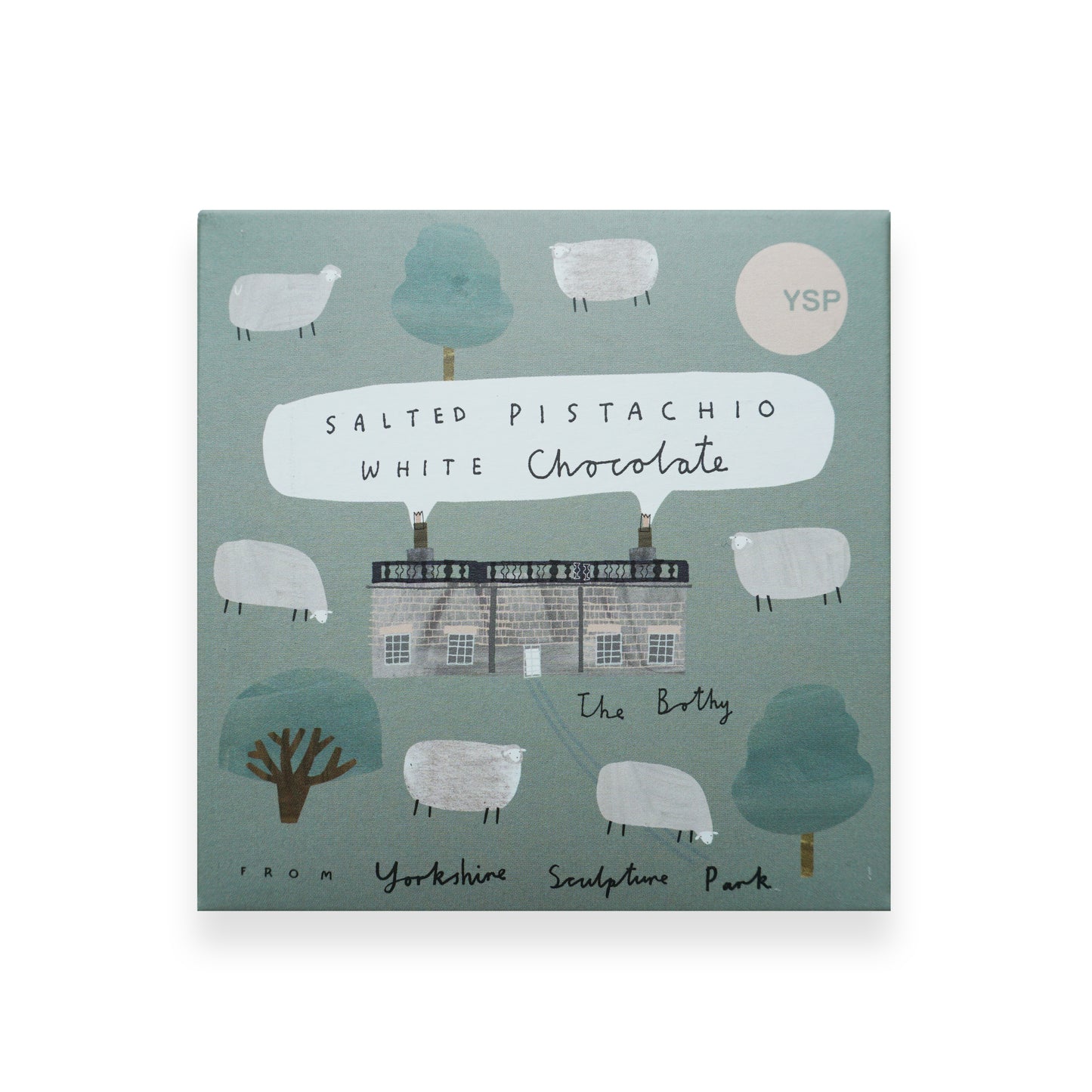 A square bar of salted pistachio white chocolate in a blue cardboard packet that is illustrated with sheep and trees.