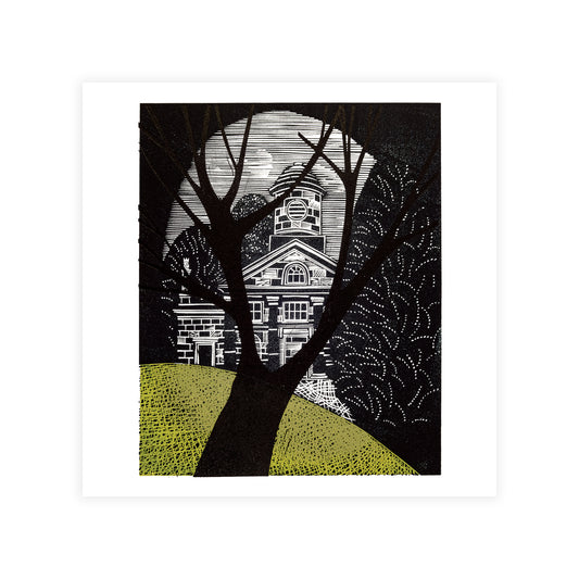 Print of a chapel behind trees with a white border