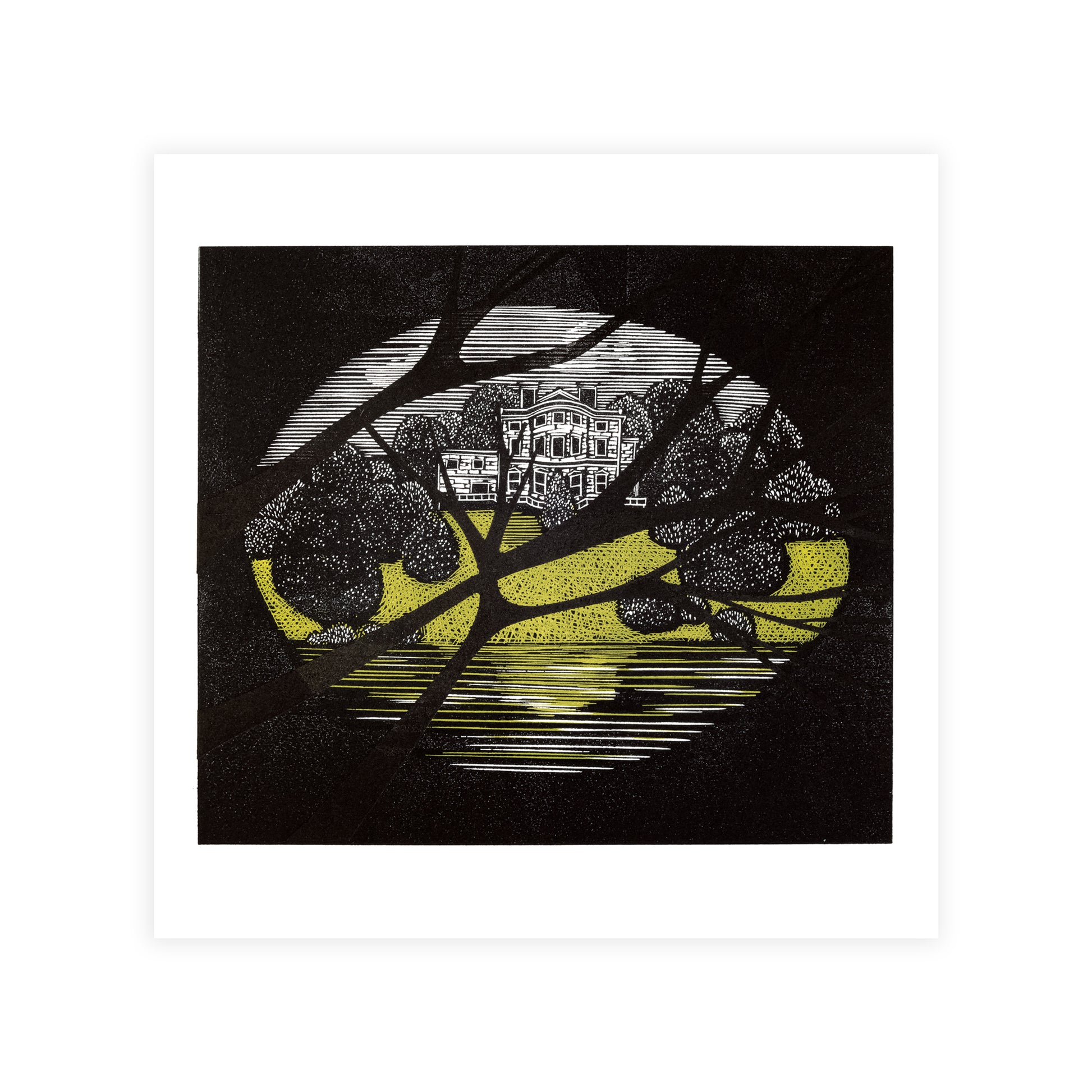 Artistic depiction of a building through tree branches with a yellow ground.