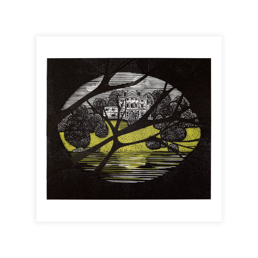 Artistic depiction of a building through tree branches with a yellow ground.