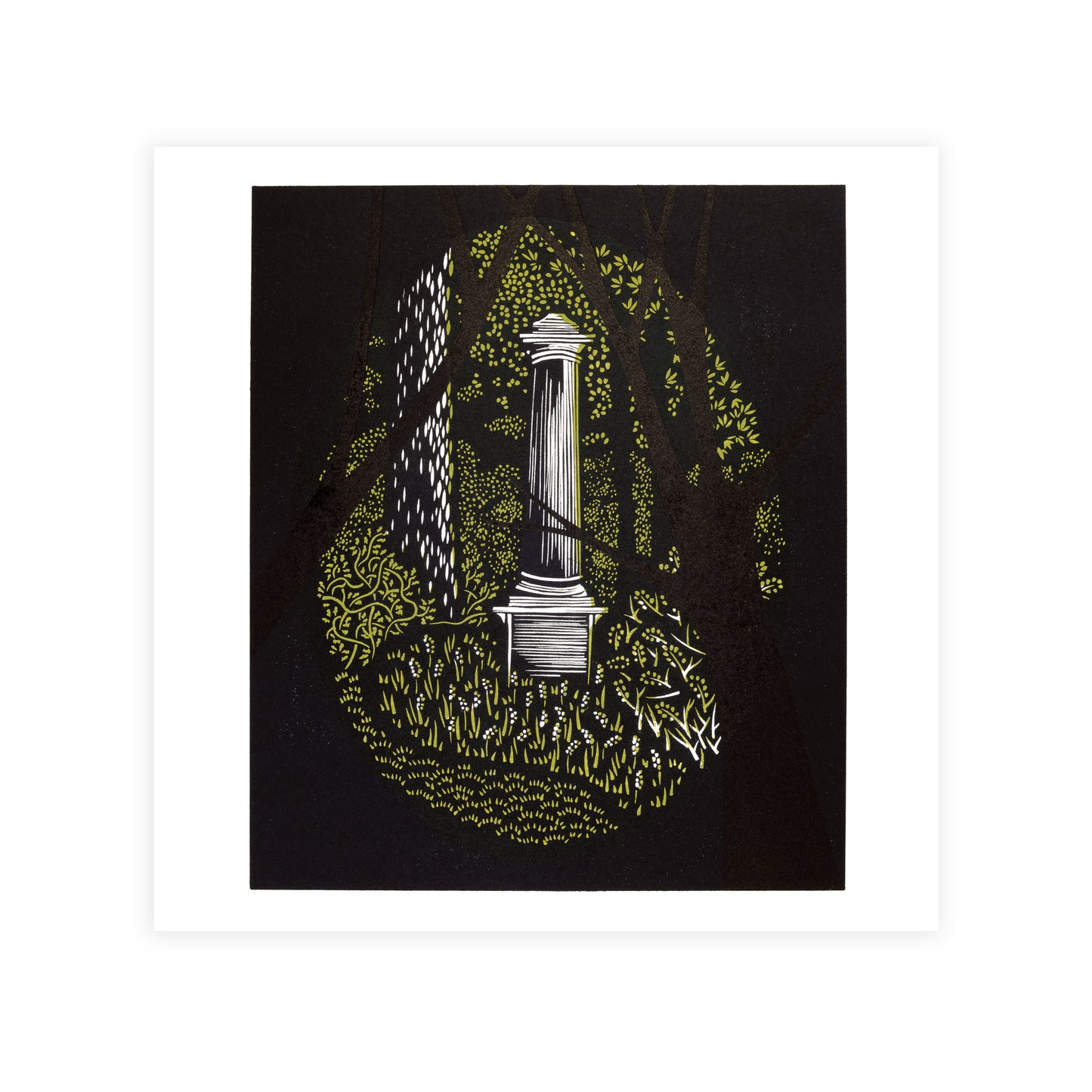 Decorative design of an obelisk with foliage on a black background