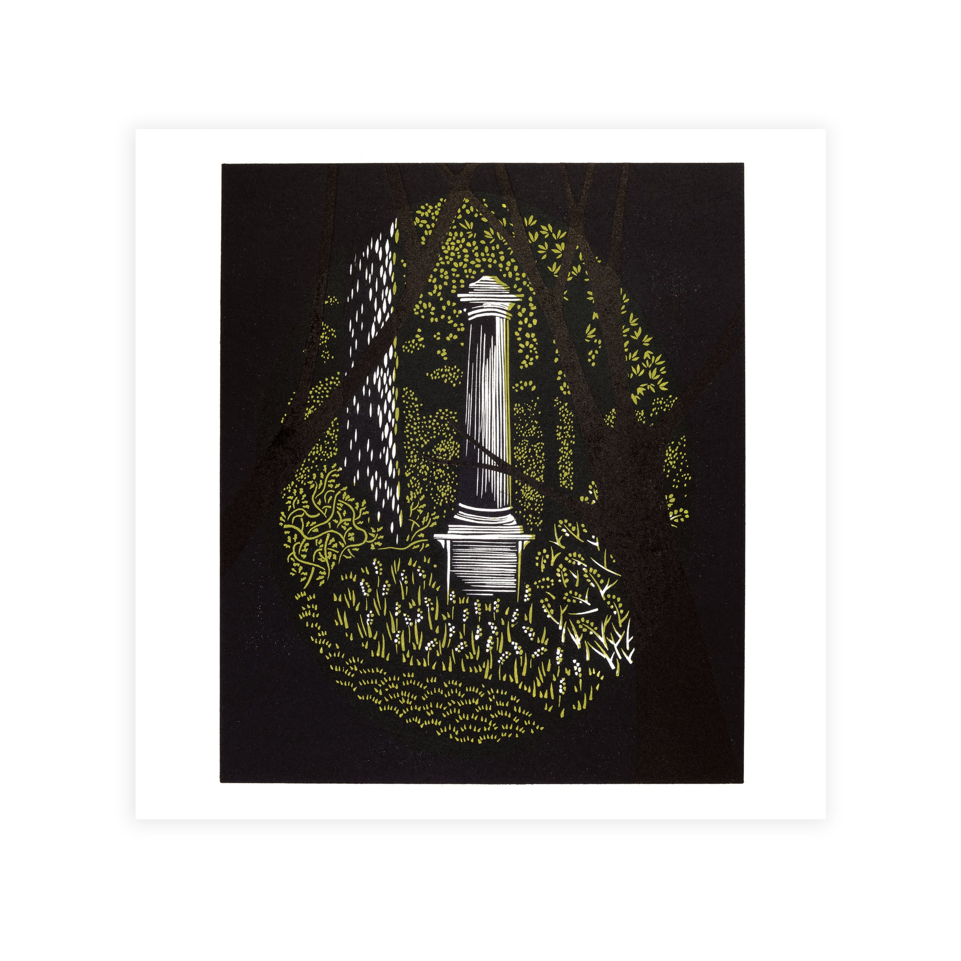 Decorative design of an obelisk with foliage on a black background