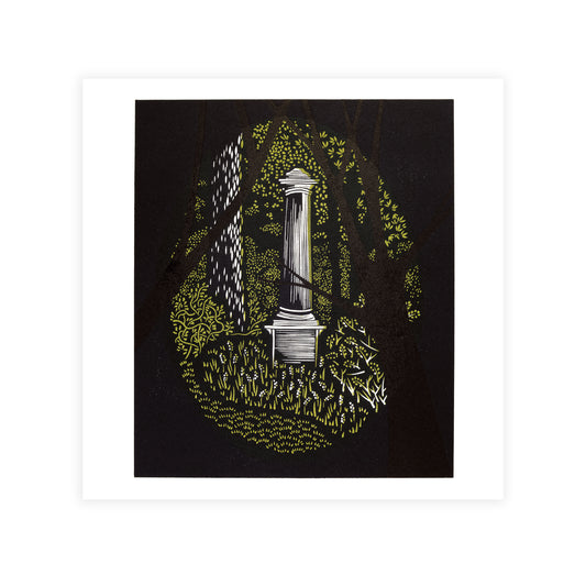 Decorative design of an obelisk with foliage on a black background