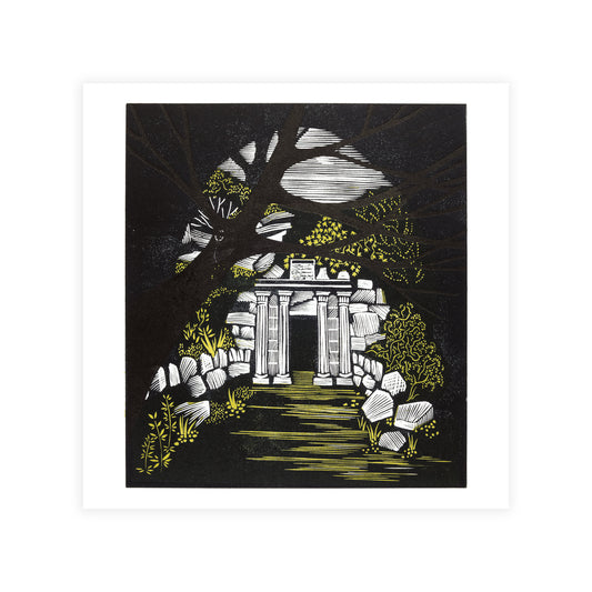 Artistic print depiction of a stone well with columns and decorative elements on a black background