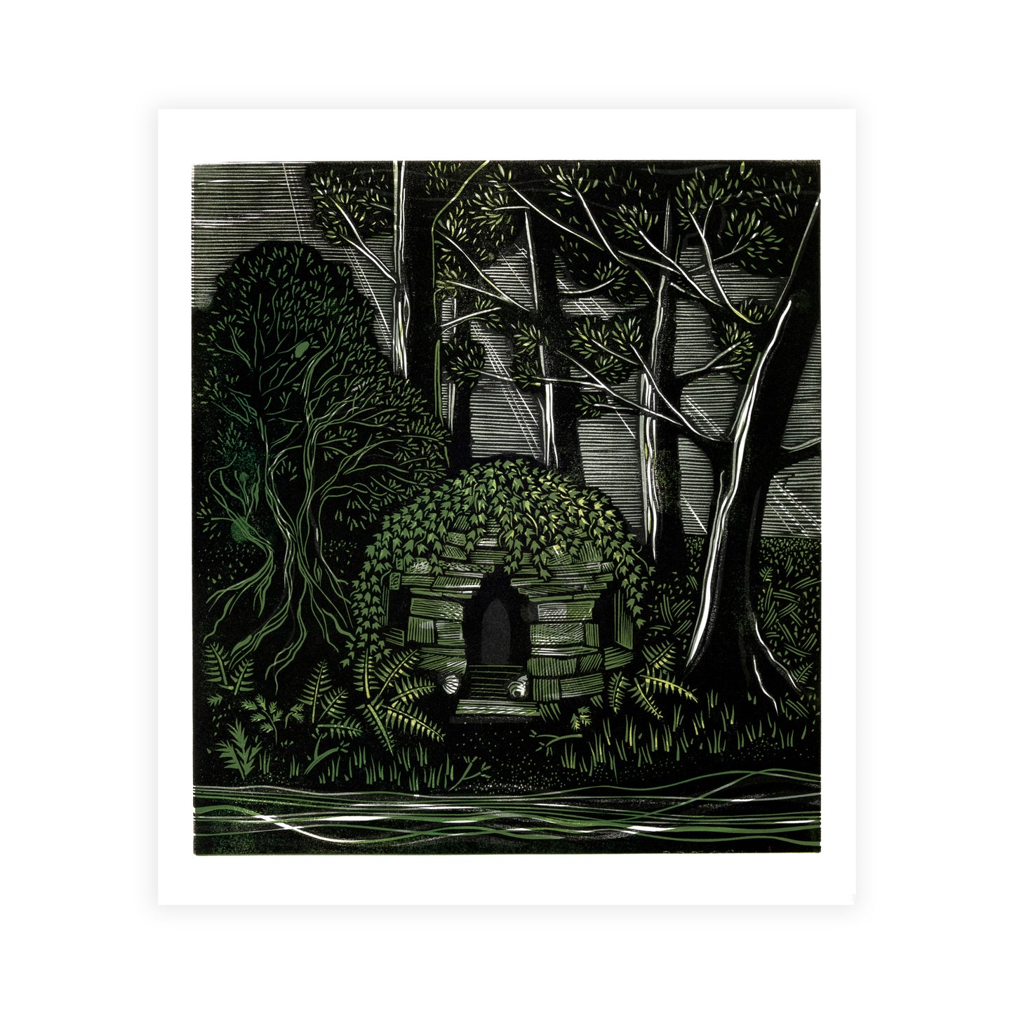 A print of a stone grotto in a forest with a dark green and black colour scheme.