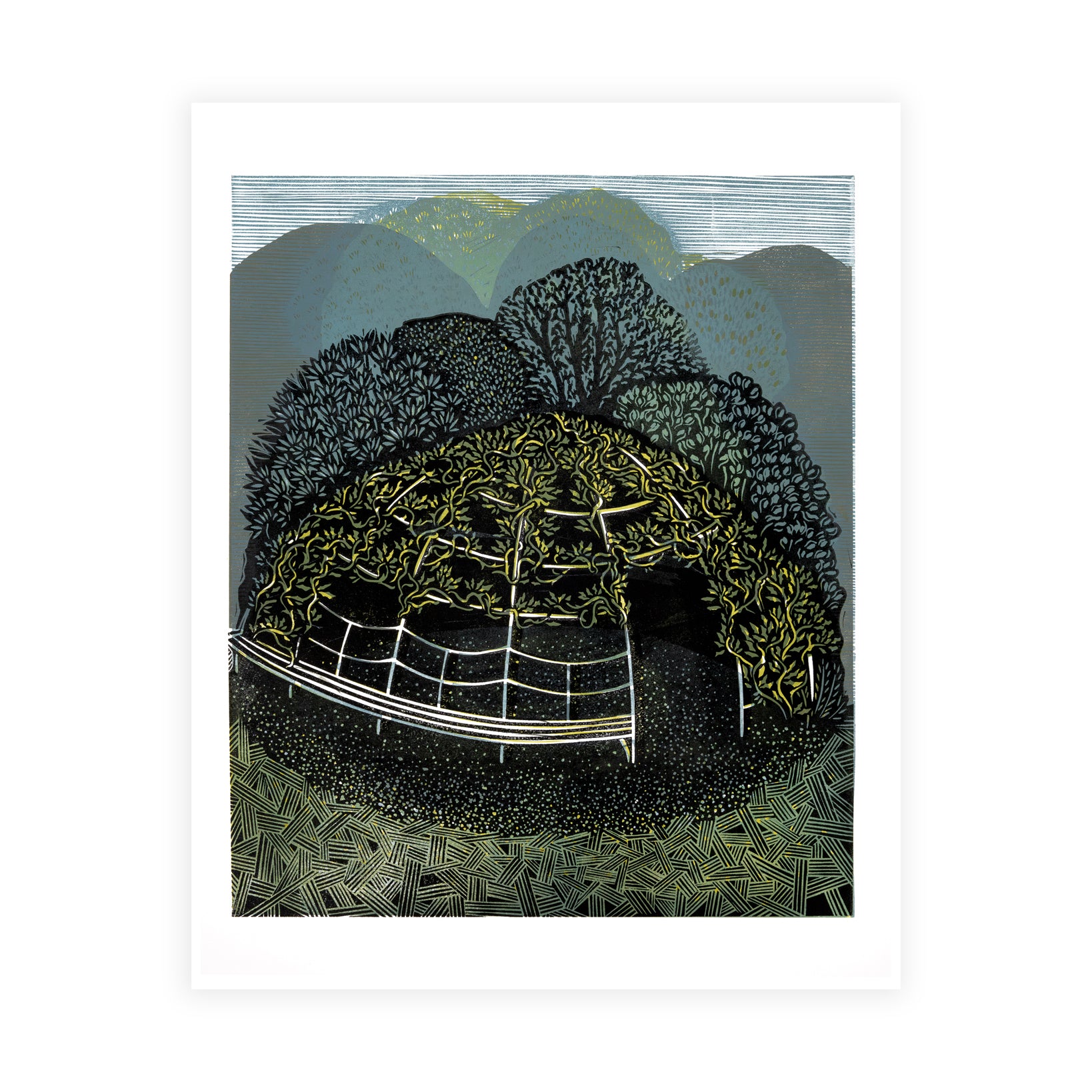 Artistic depiction of a dome shaped shelter covered in vines with trees and a path on a white background