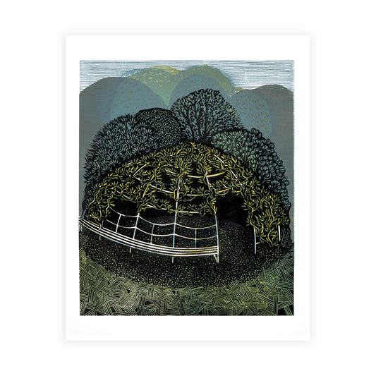 Artistic depiction of a dome shaped shelter covered in vines with trees and a path on a white background