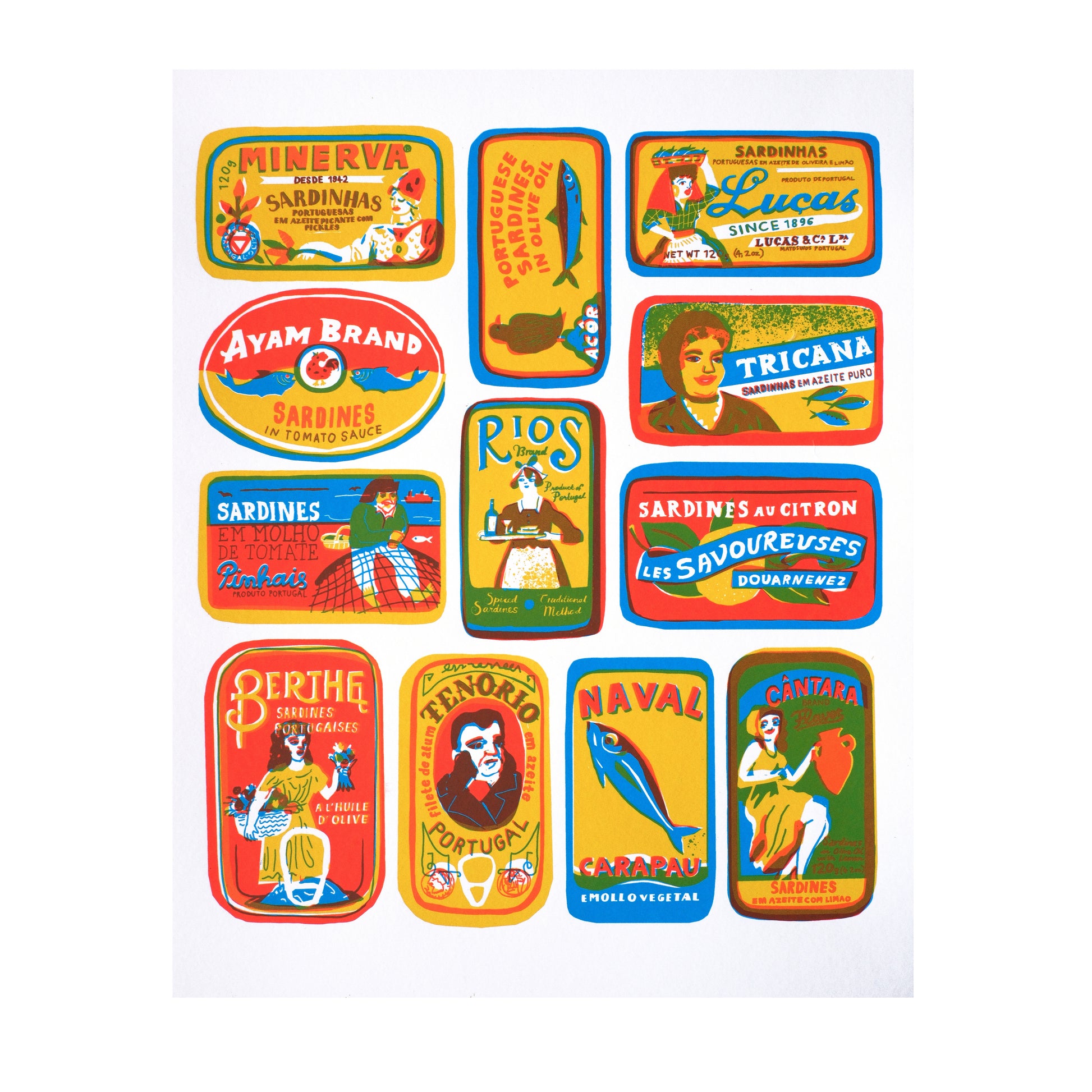 A collage of vintage sardine tin labels featuring vibrant colours and various designs. The labels include names like "Minerva," "Ayam Brani," and "Tricana," showcasing illustrations of fish and stylised characters, evoking a nostalgic feel.