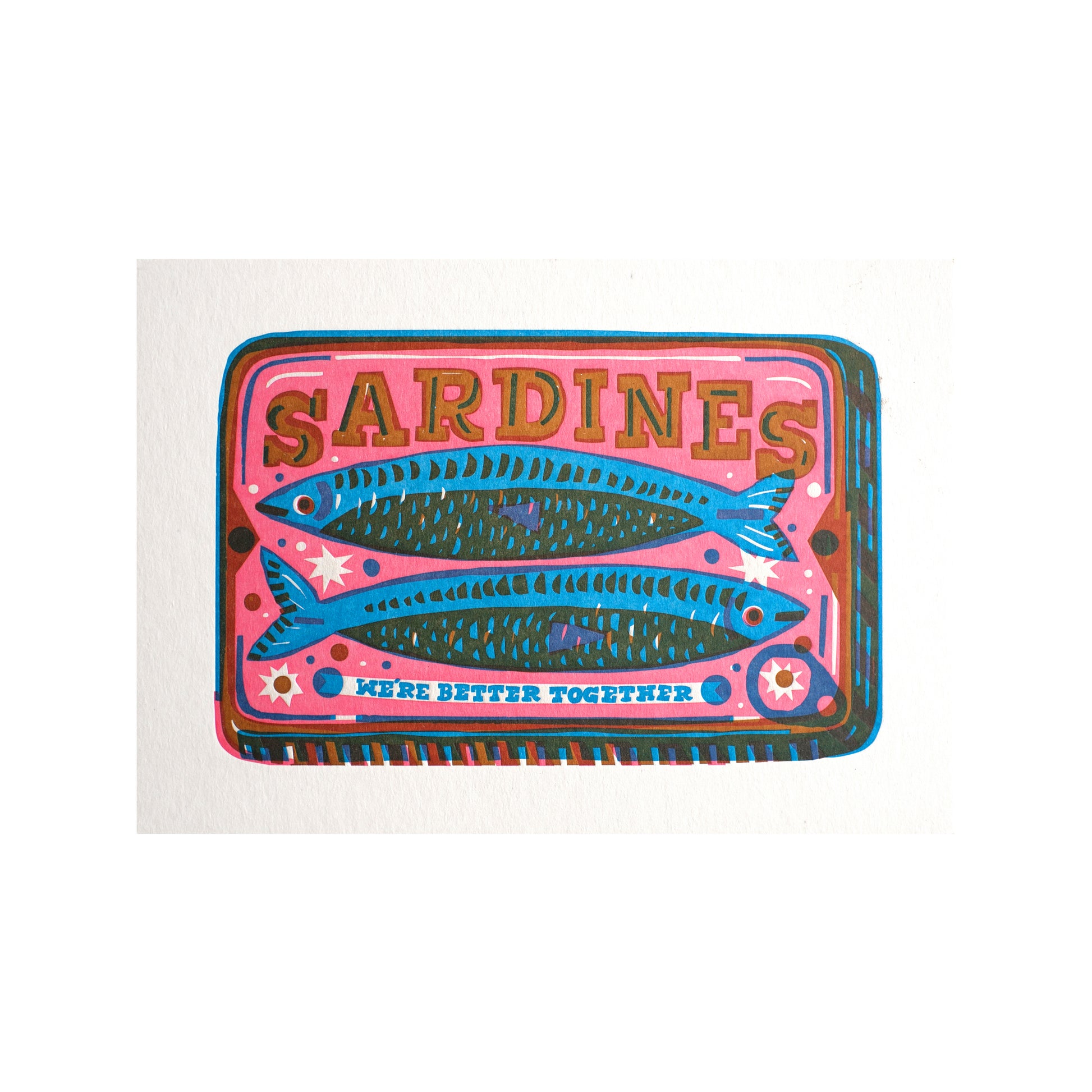A vibrant illustration of a sardine tin, featuring two stylised fish and the word "SARDINES" prominently displayed. The background is a mix of pink and blue hues, with the phrase "WE'RE BETTER TOGETHER" in decorative lettering.