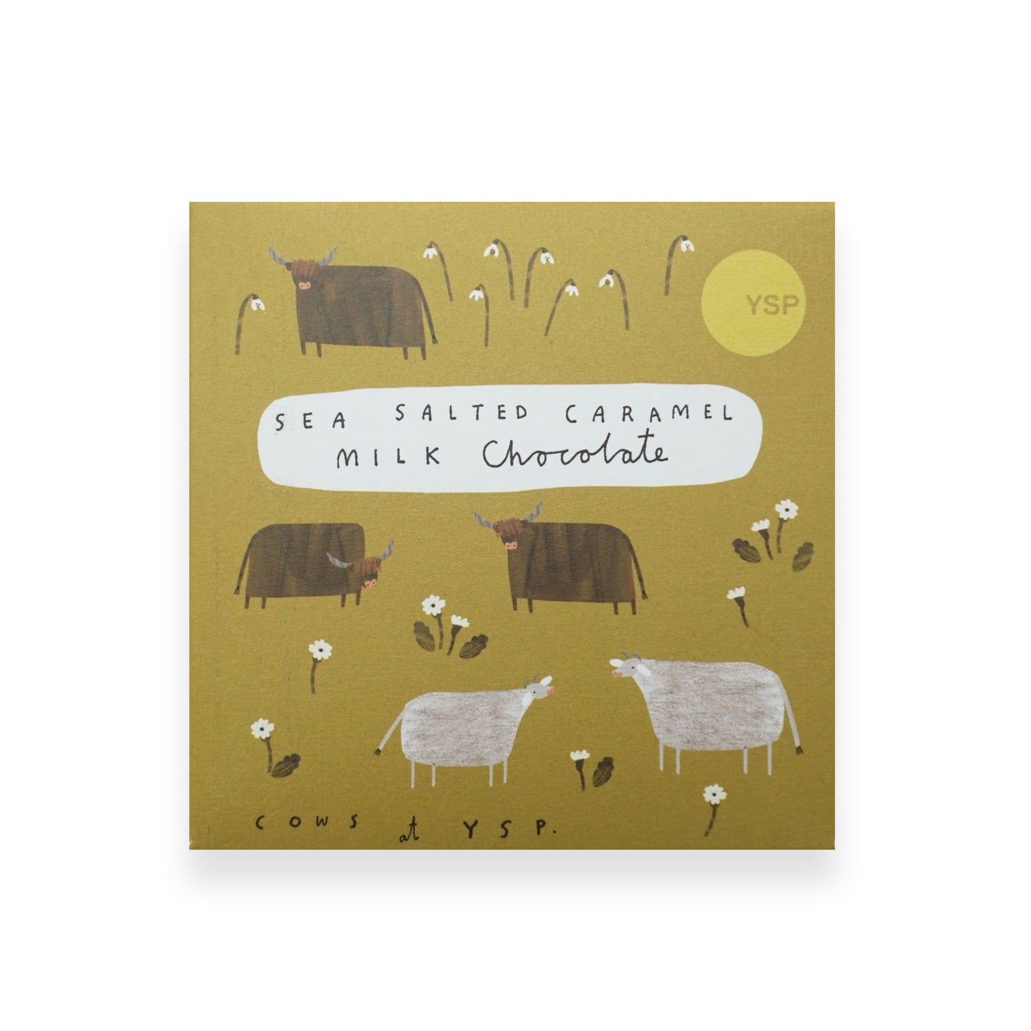 A square bar of sea salted caramel milk chocolate in a mustard yellow cardboard packet that is illustrated with sheep and highland cows.