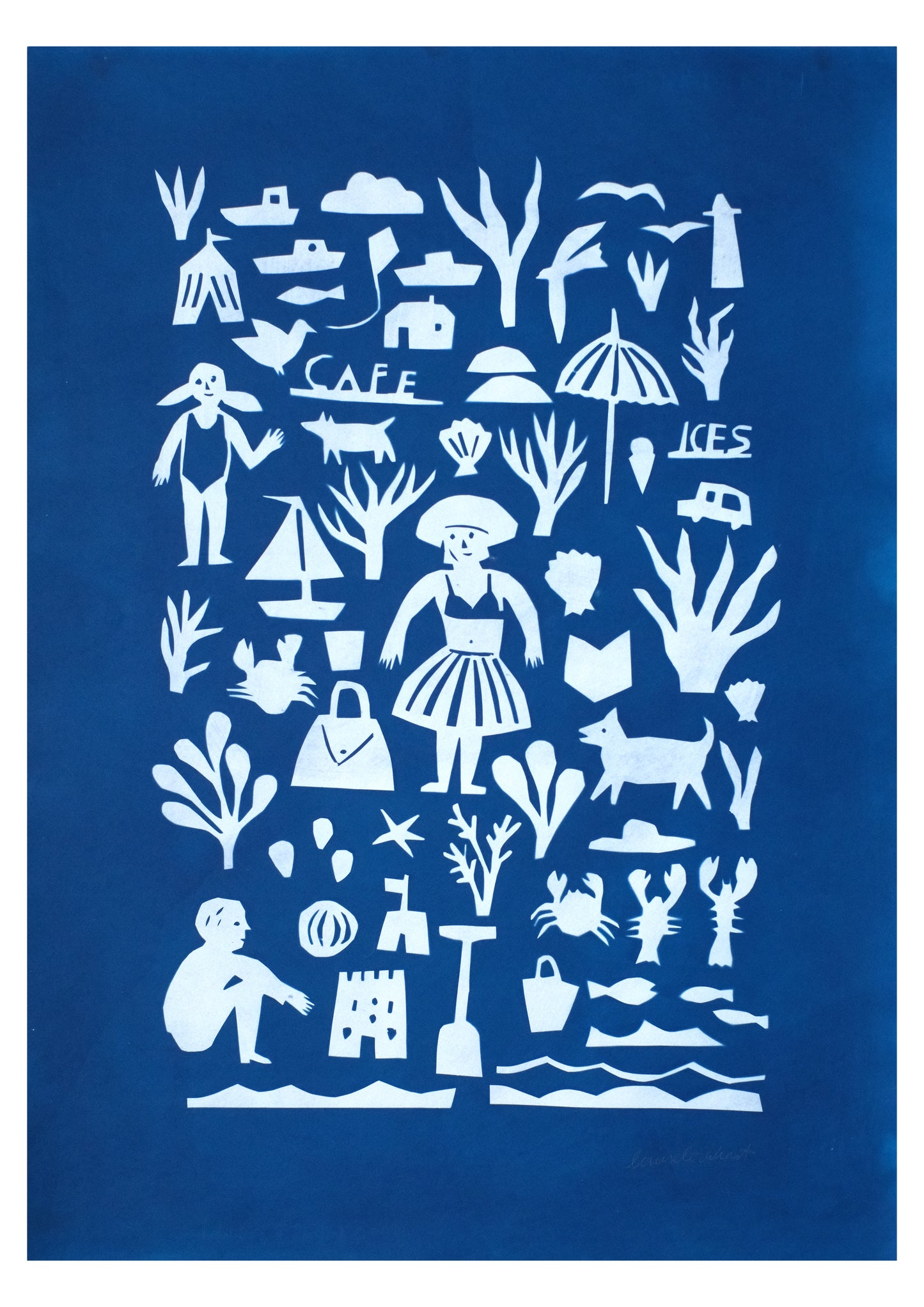 A vibrant blue background features a collage of white silhouettes, including figures, plants, animals, and objects like a boat, umbrella, and bag. The design evokes a playful, whimsical scene, blending elements of nature and everyday life.