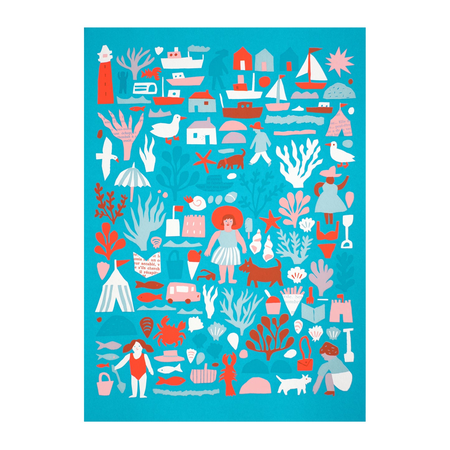 A vibrant illustration featuring a variety of seaside elements, including boats, lighthouses, coral, and marine life. It depicts people engaging in activities like fishing and enjoying the beach, all set against a bright blue background.