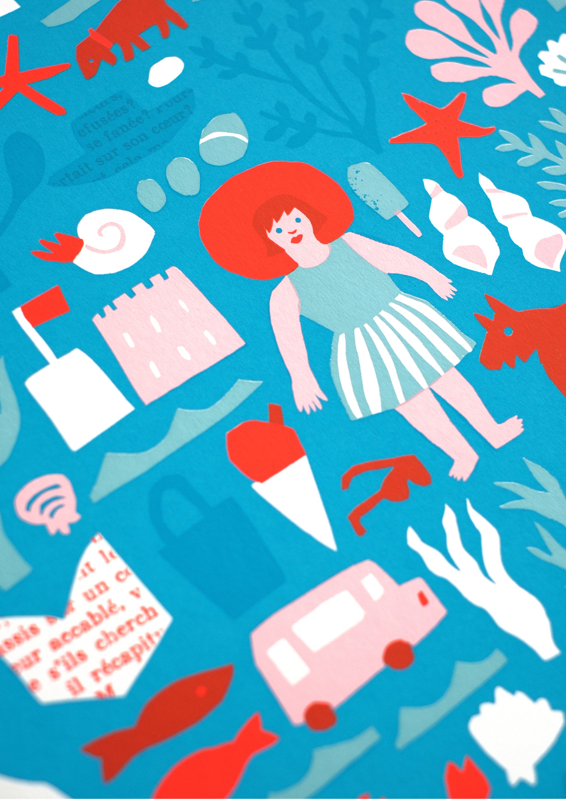 A vibrant illustration featuring a variety of seaside elements, including boats, lighthouses, coral, and marine life. It depicts people engaging in activities like fishing and enjoying the beach, all set against a bright blue background.