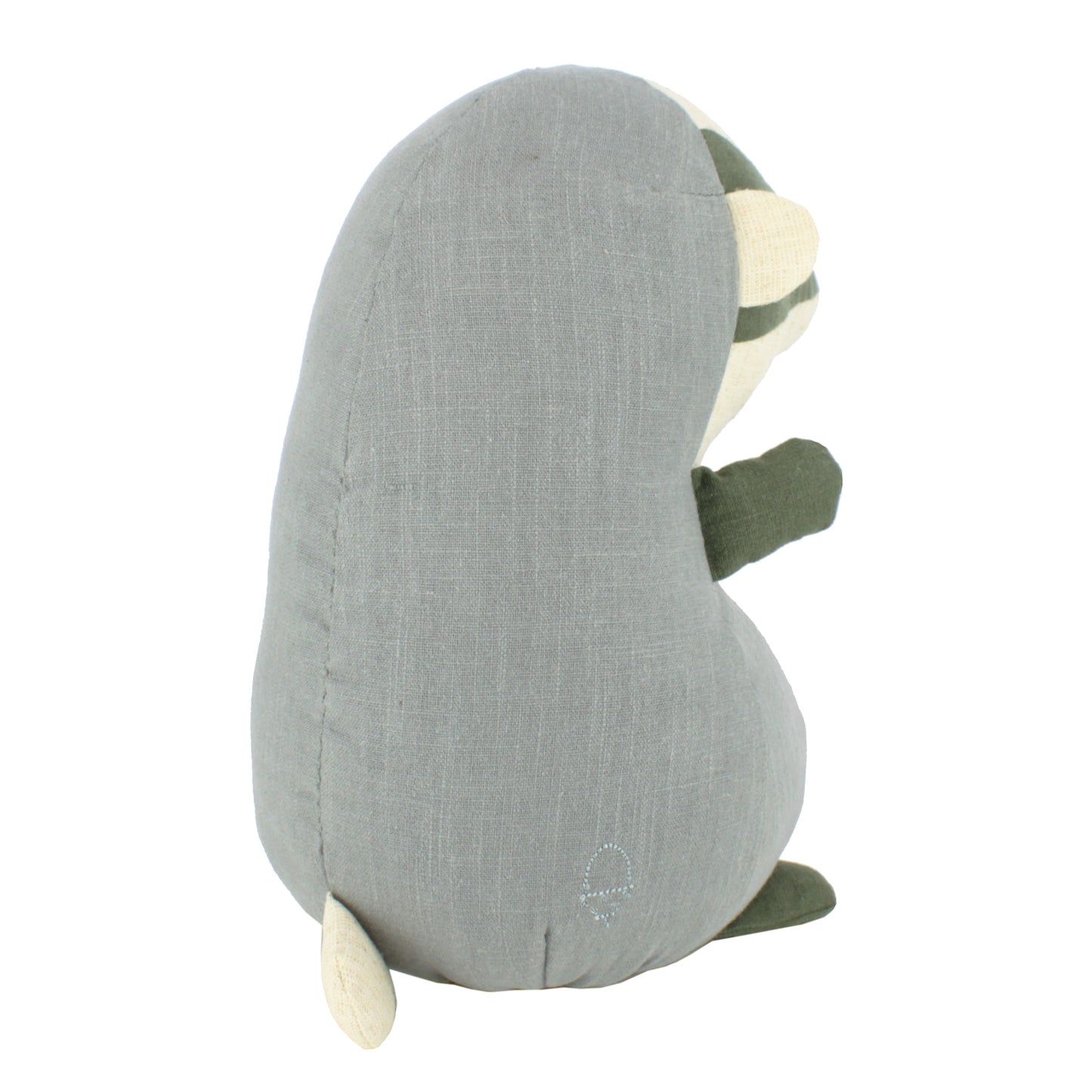 Plush toy badger with grey colour scheme on a white background