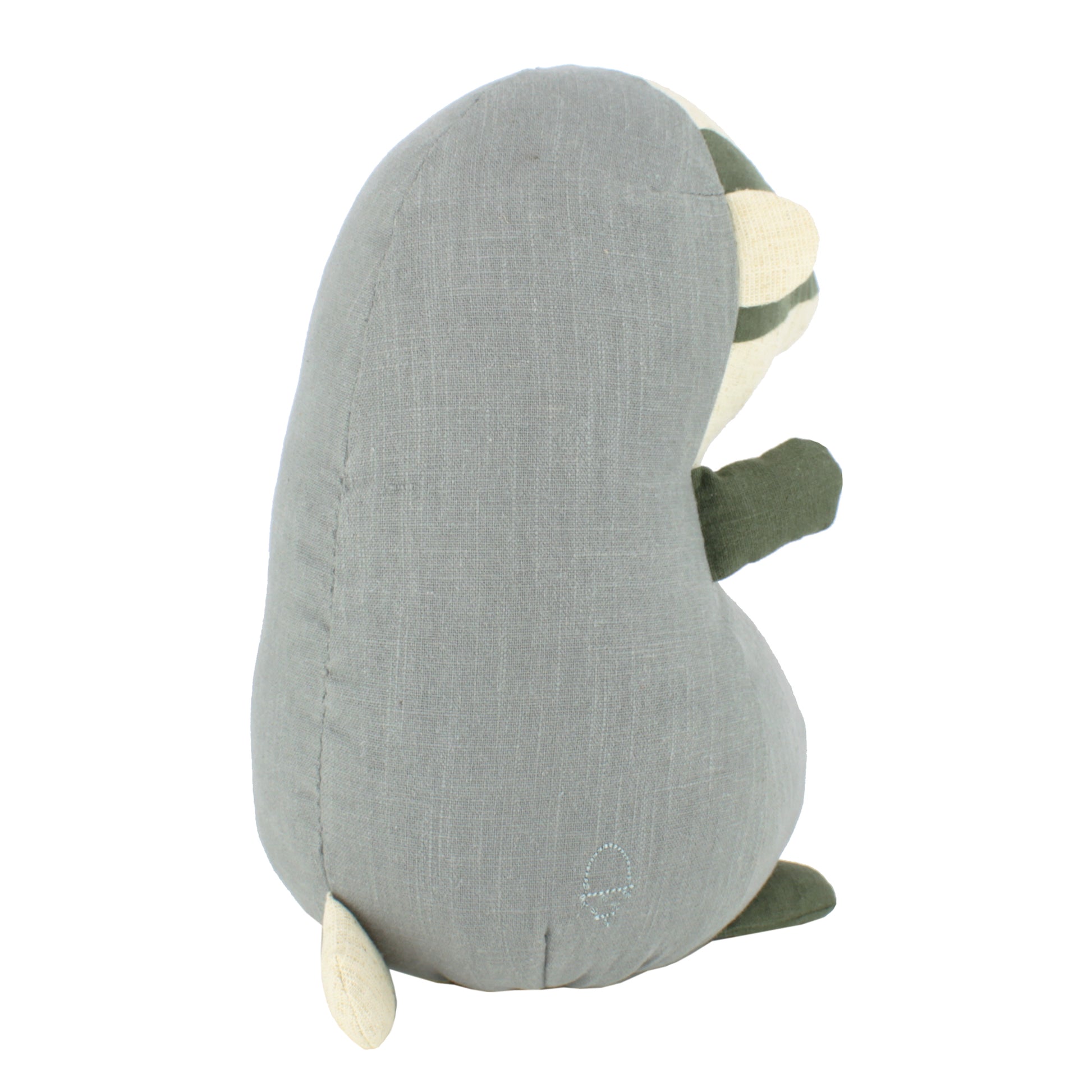 Plush toy badger with grey colour scheme on a white background